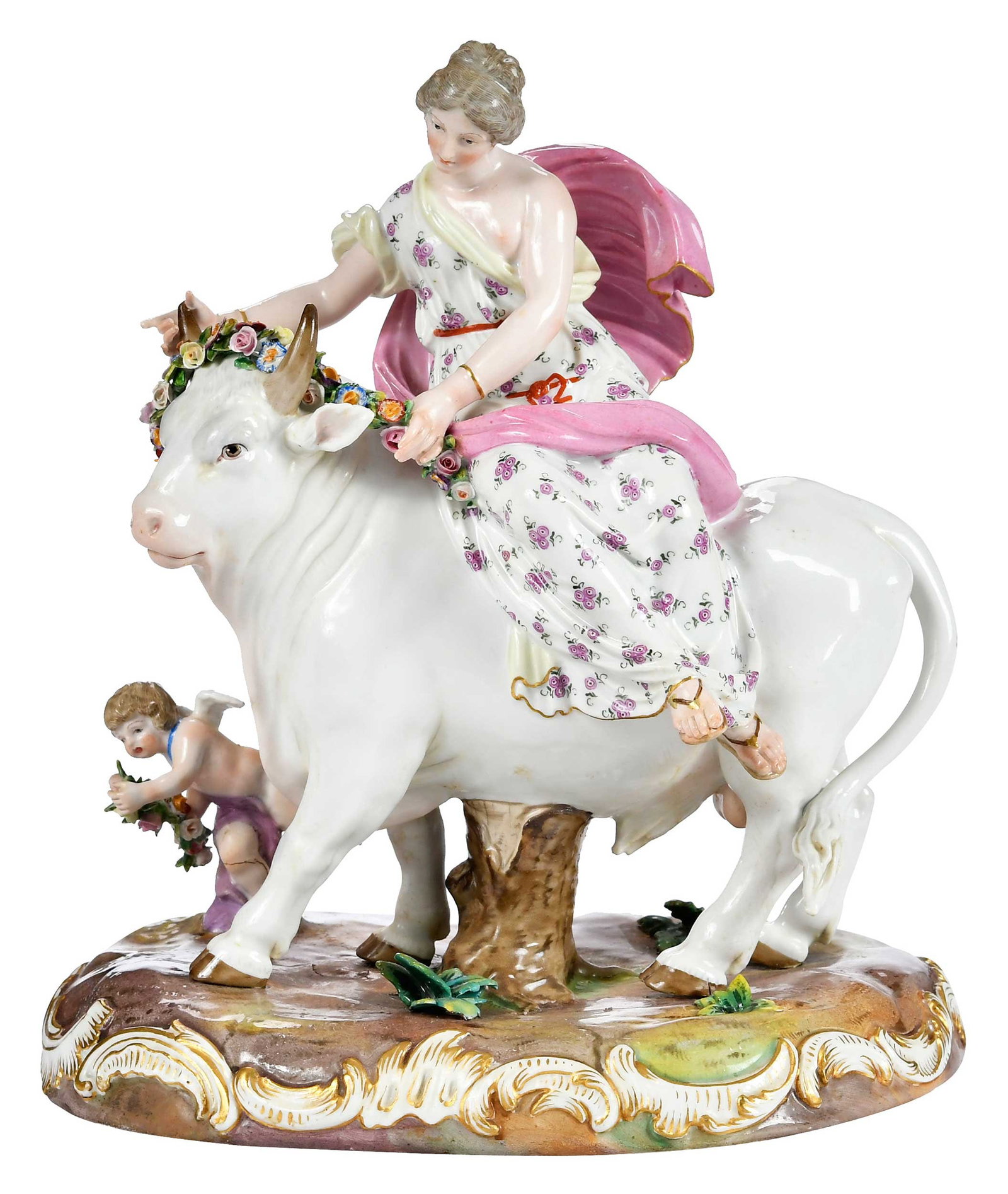 Meissen Porcelain Figural Group, Europa atop Zeus as a Bull: German, 19th century, "Europa auf dem Stier" or "Europa on the Bull", after the model by Christian Gottfried Juchtzer, crossed swords mark to base, inscribed to base "K70", 9-1/2 x 8-1/2 x 6-1/2 in.