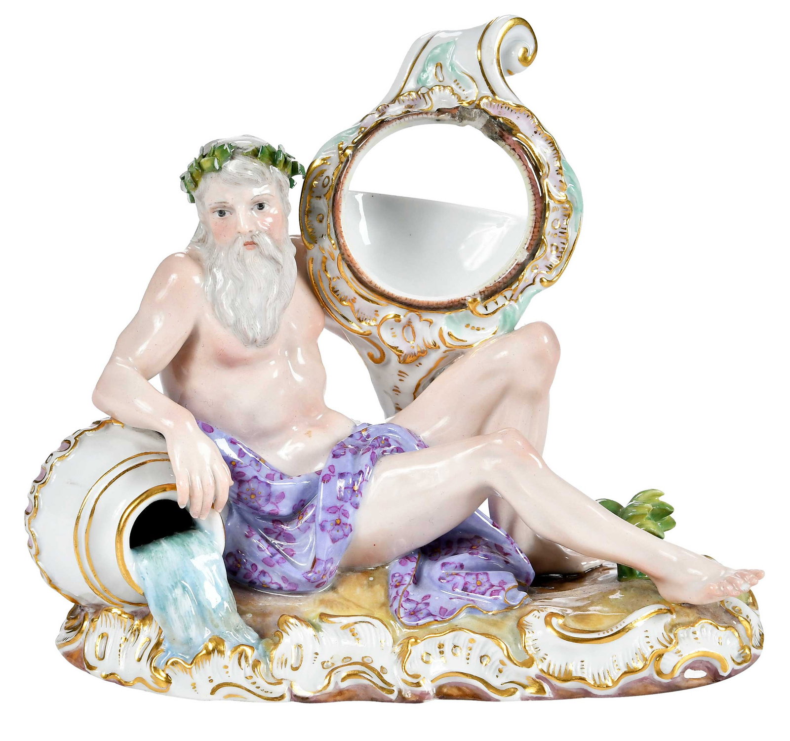 Meissen Porcelain Figural Pocket Watch Holder: German, 19th century, "Flussgott mit Taschenuhrenhalter" or "River God with Pocket Watch Holder", known also as "Chronos", after the model by Johann Joachim Kaendler, crossed swords mark to base, numb