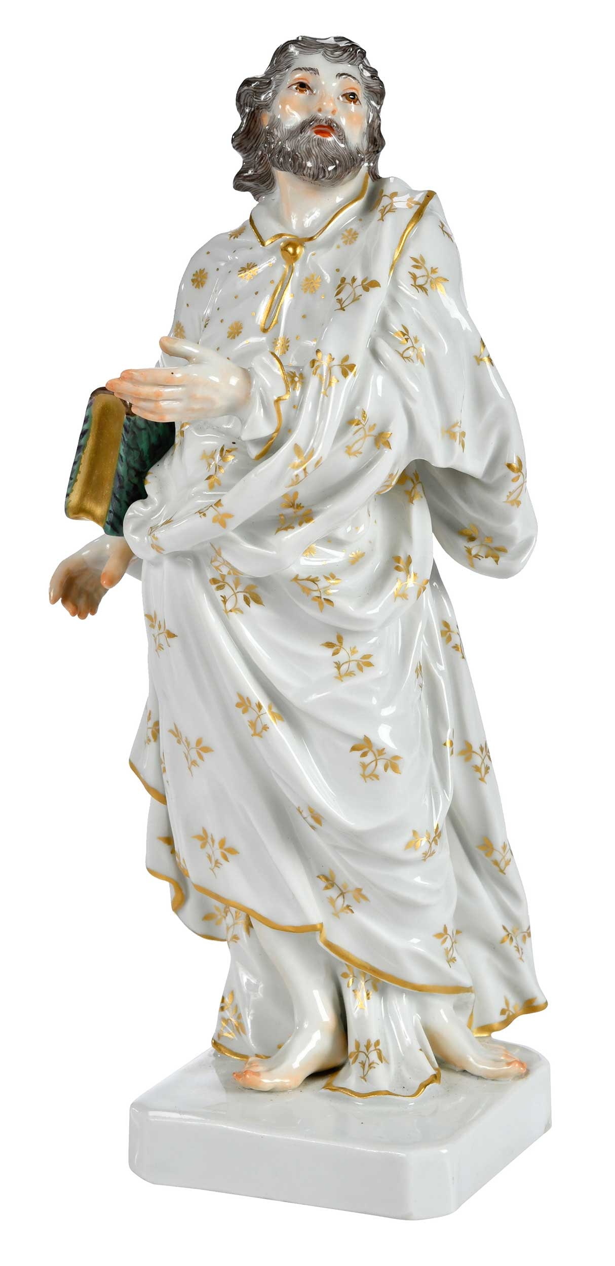 Meissen Porcelain Figure of Apostle Thomas: German, 19th century, crossed swords and "72094/S. Thomas" marked to base, after the model by Johann Joachim Kaendler, 9-3/4 x 4 x 3-3/4 in. Provenance: Collection of Steve Stewart, Lake Lure, North