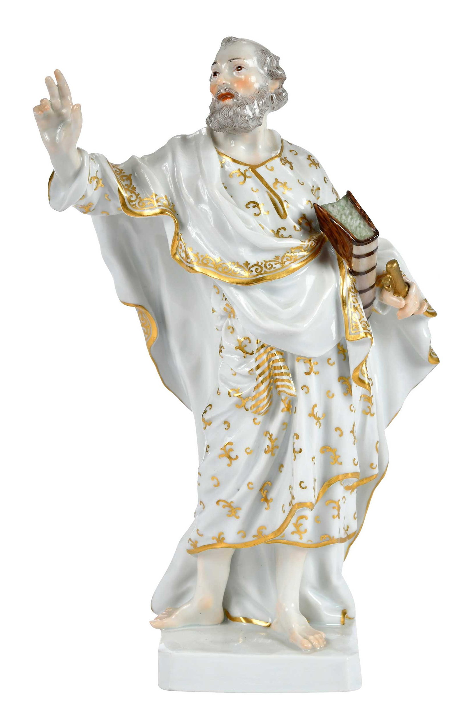 Meissen Porcelain Figure of Apostle Peter: German, 19th century, crossed swords and "2819/S. Petrvs" marked to base, 8-7/8 x 3-1/8 x 3-1/4 in. Provenance: Collection of Steve Stewart, Lake Lure, North Carolina