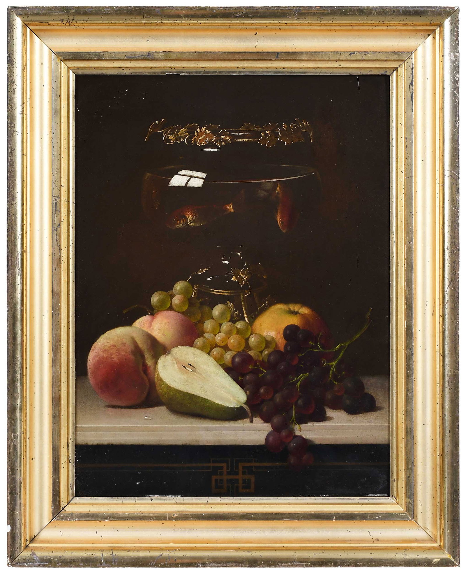French Still Life Painting: (19th century) Still Life with Goldfish in an ormolu mounted glass vase and fruit on a Napoleon III gilt and ebonized marble top cabinet, signed lower right indistinctly, oil on panel, 20-38 x 15-3/4 