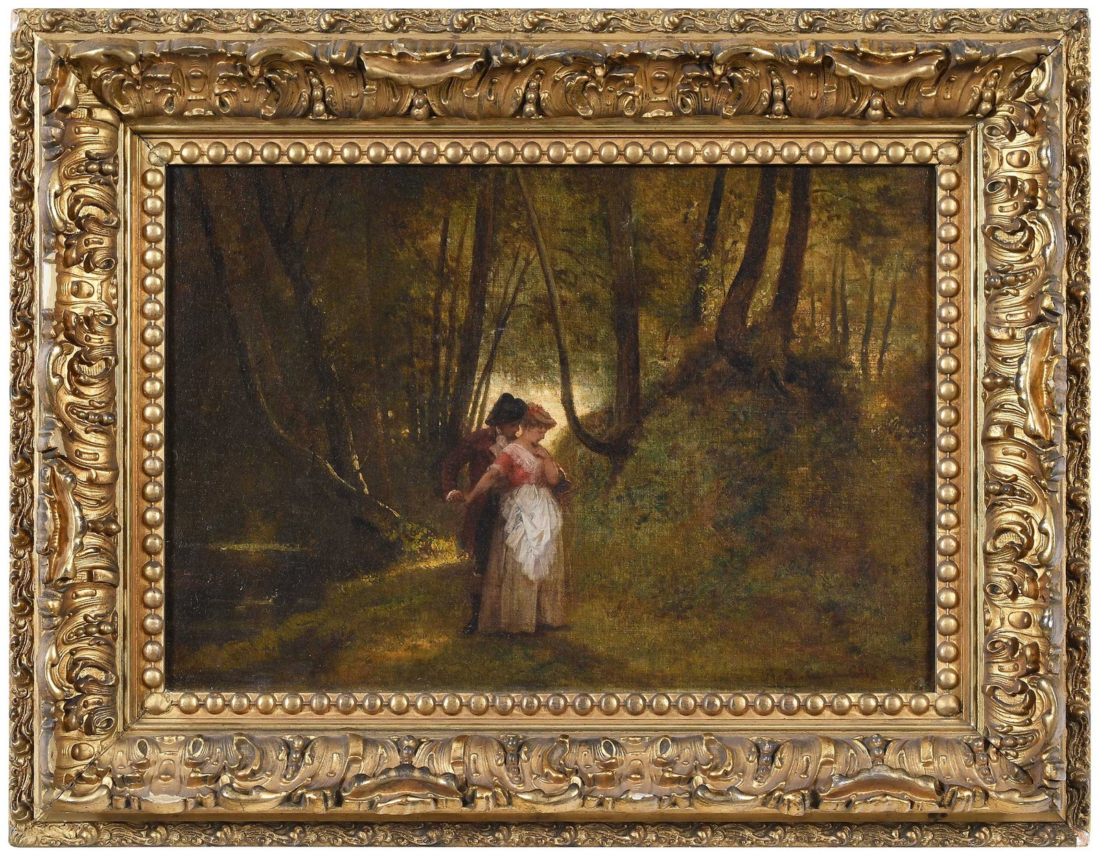 French School Painting: (19th/20th century) The Courtship, signed illegibly lower right, oil on canvas, 12-3/4 x 18-1/4 in.; 19th century gilt wood and composition frame, 19-1/8 x 24-3/4 x 3-1/4 in. 