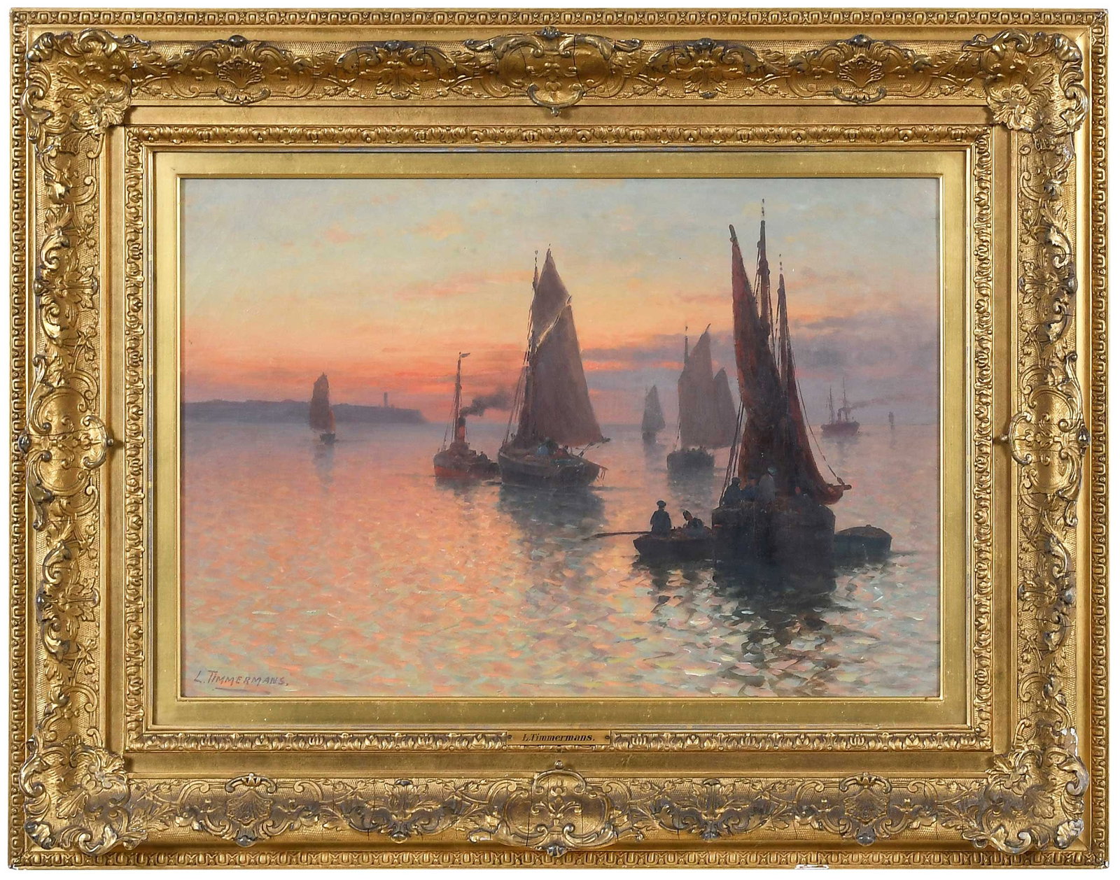 Louis Etienne Timmermans, Ringling Provenance: (France/Belgian, 1846-1910) Sailing vessels in harbor at sunset, signed lower left "L Timmermans", oil on canvas, canvas stamp verso "Paul Foinet Fils...Paris", label "John Ringling North Lot 4855...H