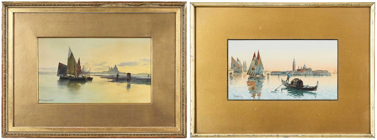 Two Italian School Watercolors of Venice: (19th/20th century) Alberto Prosdocimi (1852-1925), Sunset Sailing, signed lower left "A. Prosdocimi", watercolor on paper, sight 6-5/8 x 11-1/2 in.; Natale Gavagnin (1851-1923), Gondolier, signed low