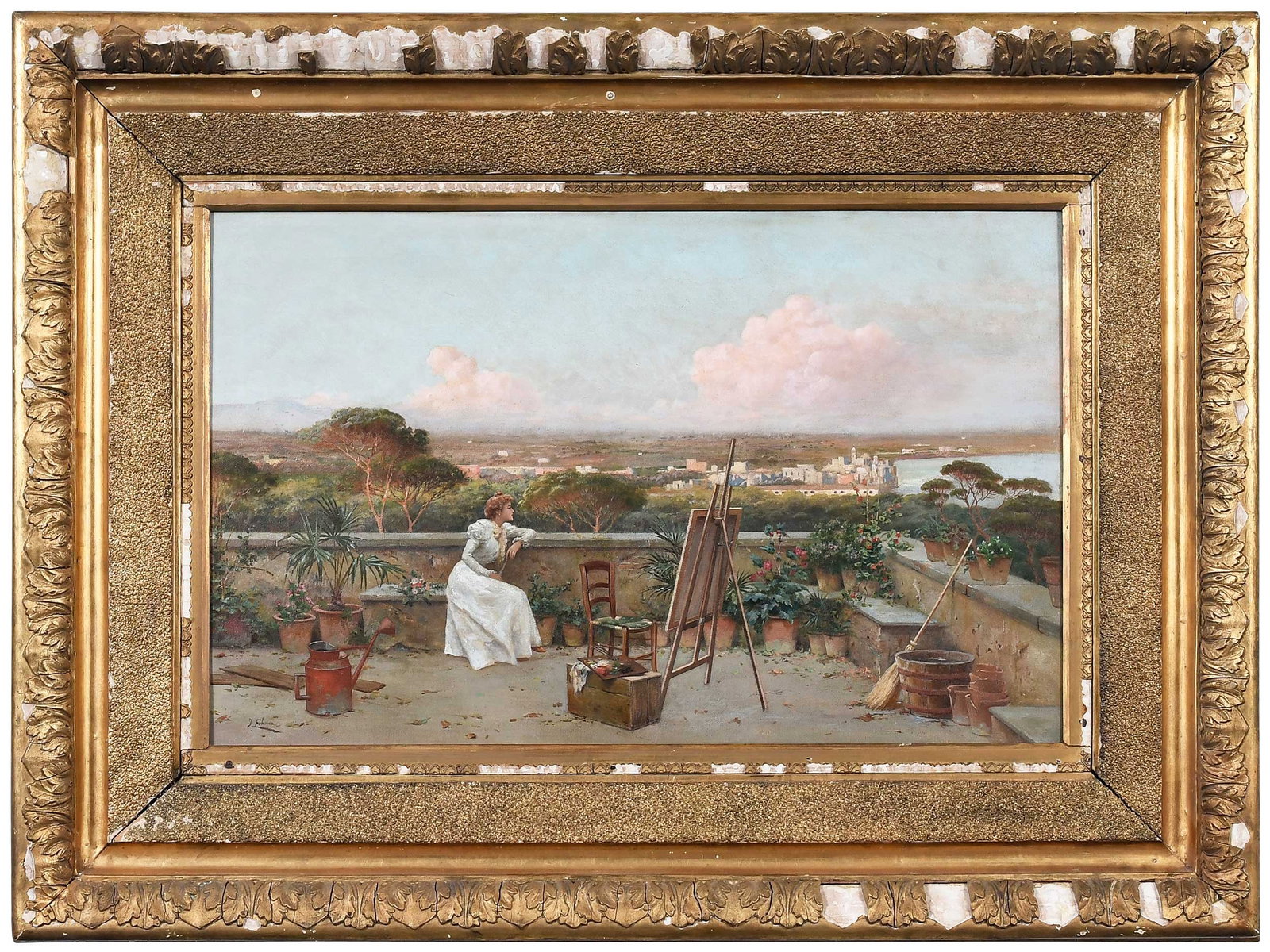 Jose Echena: (Spanish, 1844-1912) Painter Resting on a Terrace, signed lower left "J. Echena", oil on canvas, 19 x 30 in.; original gilt wood and composition frame, 32-1/4 x 43-1/4 x 3-1/2 in. Provenance: