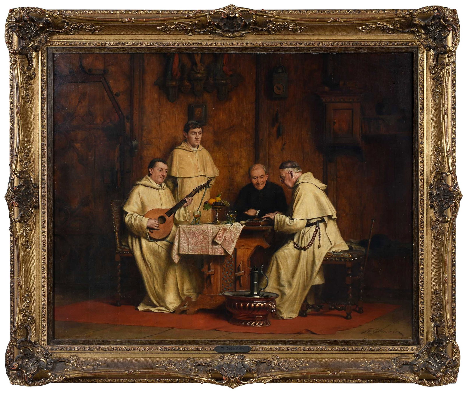 Thure Nikolaus Cederstrom: (Swedish, 1843-1924) Musical Monks, signed lower right "Th. Cederstrom", oil on canvas, 22-1/2 x 28-1/4 in.; Louis XVI style gilt wood and composition frame, 28-3/4 x 34-3/8 x 3-1/4 in. Provenance: