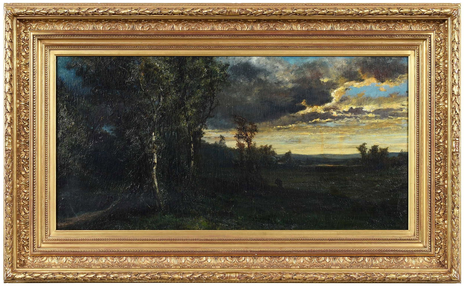 Alexander Wust: (Dutch/New York, 1837-1876) Sunset in the Forest, 1868, signed and dated lower right "Alex Wust 68", oil on canvas, 13-7/8 x 27-5/8 in.; fine reproduction gilt wood and composition frame, 21