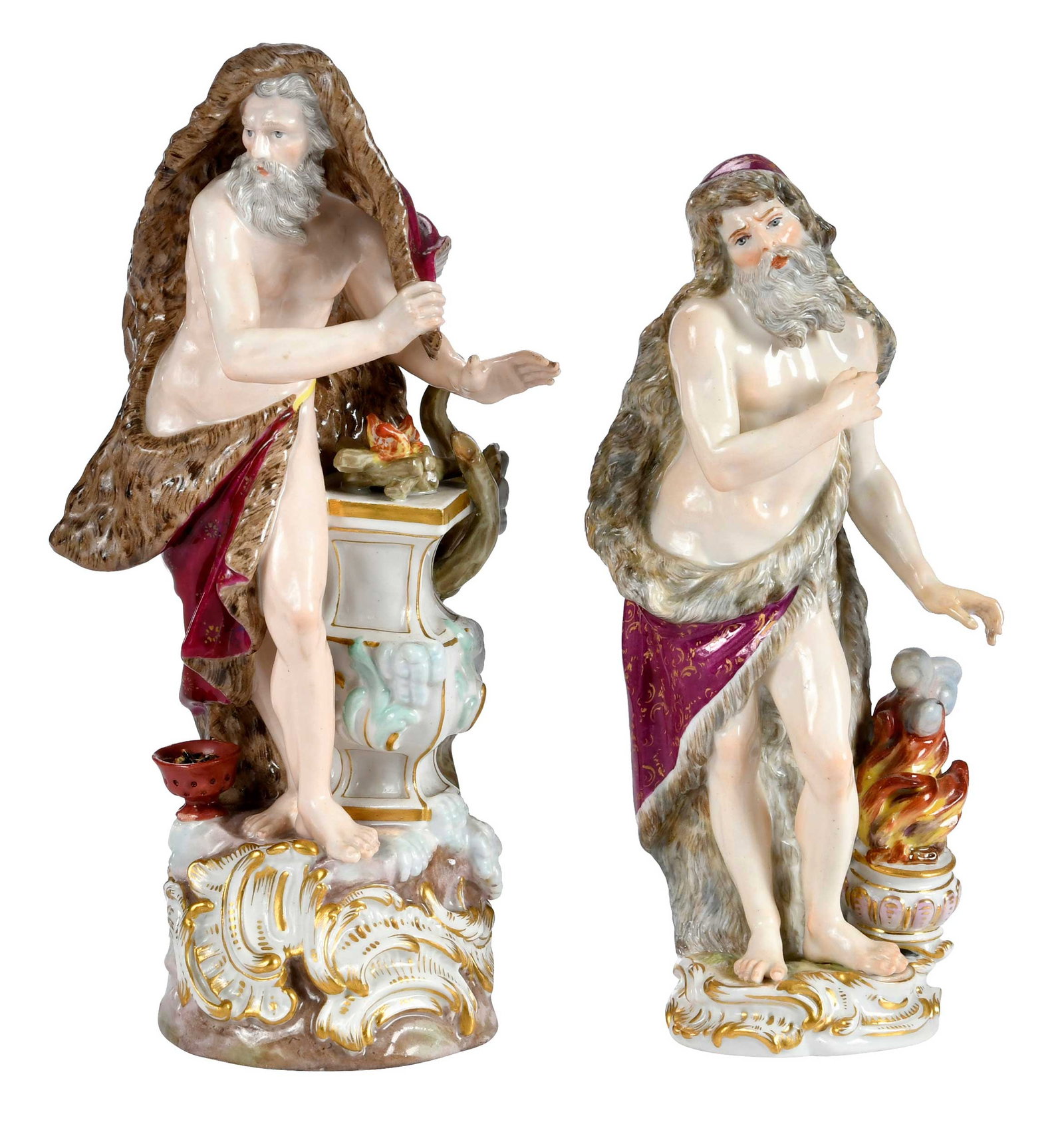 Two Meissen Porcelain Allegorical Figures, Winter: German, late 19th/early 20th century, each with crossed swords mark to base, comprising: one incised "2731"; one incised "c 83", with one strike denoting second grade; larger 9 x 4-1/2 x 4-1/2 in. Pro