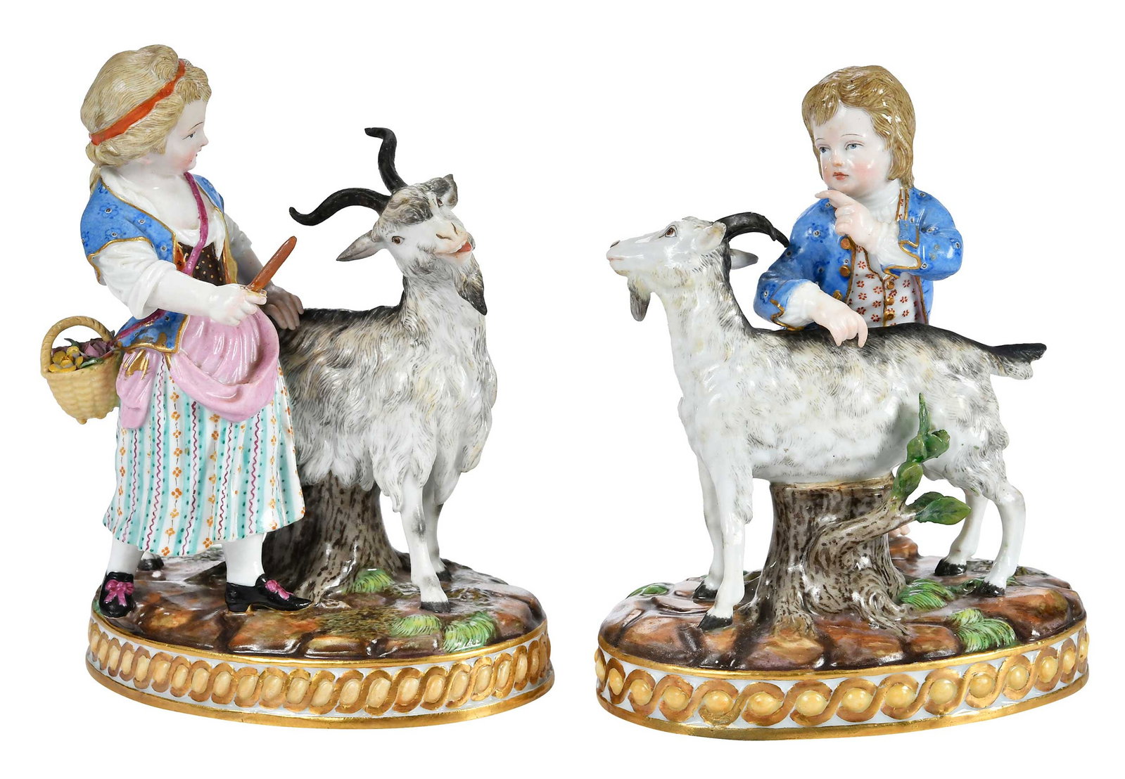 Pair of Meissen Porcelain Figural Groups, Children with Goats: German, late 19th/early 20th century, after the models by Johann Carl Schonheit, crossed swords marks to bases, "Madchen mit Ziegenbock" and "Knabe mit Ziege" or "Girl with a Billy Goat and "Boy with 