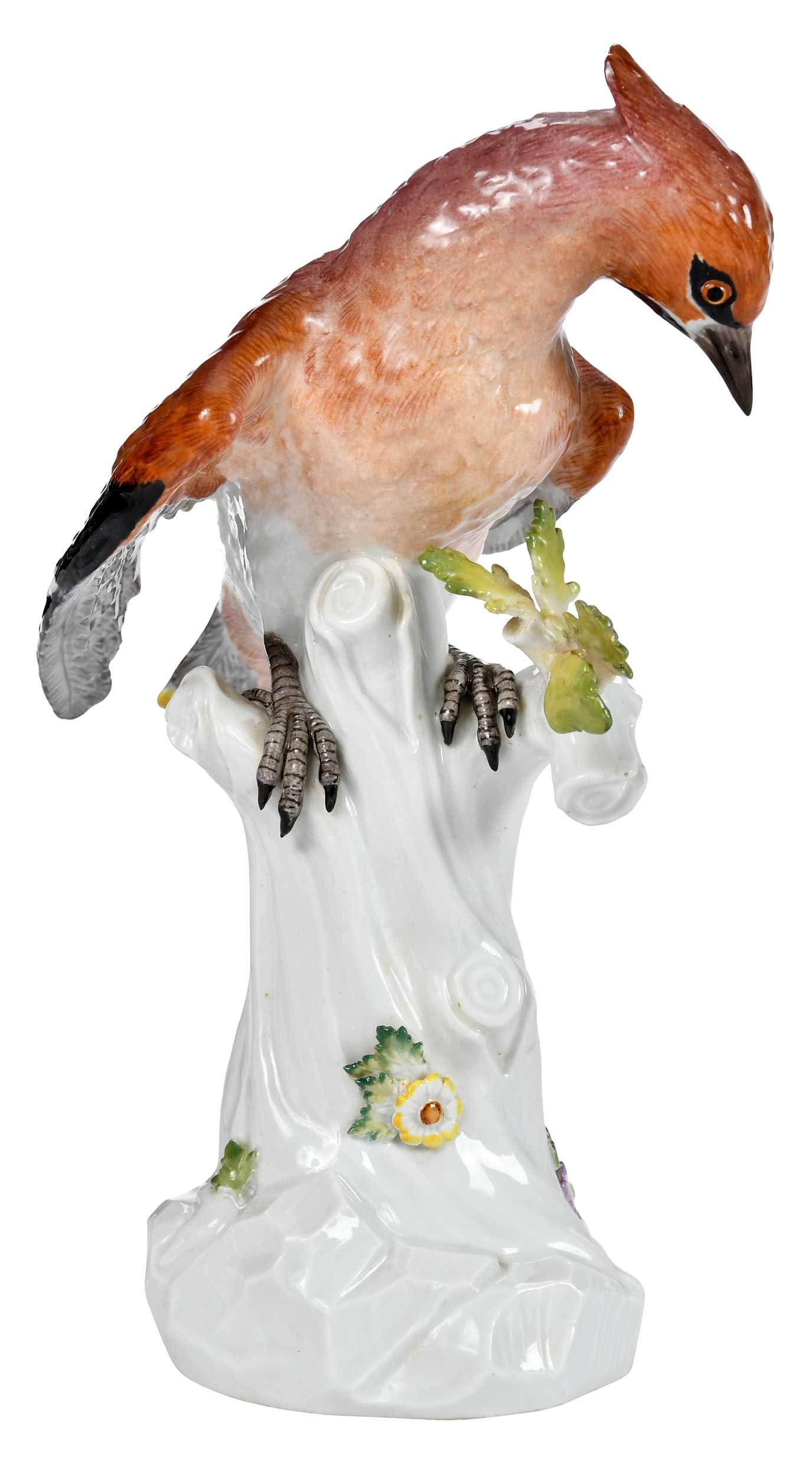 Meissen Porcelain Bird in Tree Figure: German, late 19th/early 20th century, "Seidenschwanz" or "Waxwing", after the model by Johann Joaquin Kaendler, crossed swords mark to base, inscribed to base "274", 9-1/2 x 6-1/2 x 4 in. Provenance: 