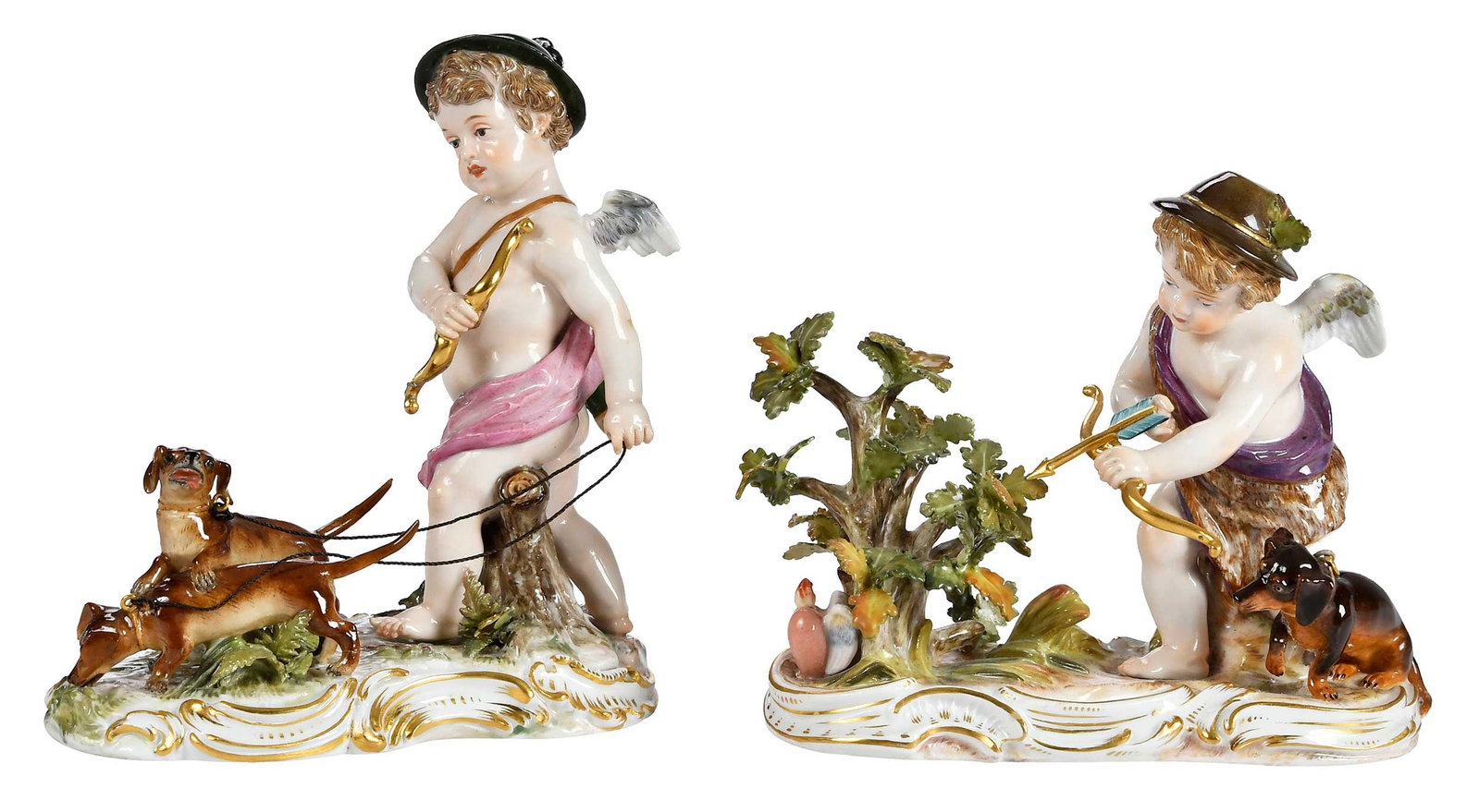 Pair of Meissen Porcelain Cupid Figural Groups with Hunting Motif (1 of 13)