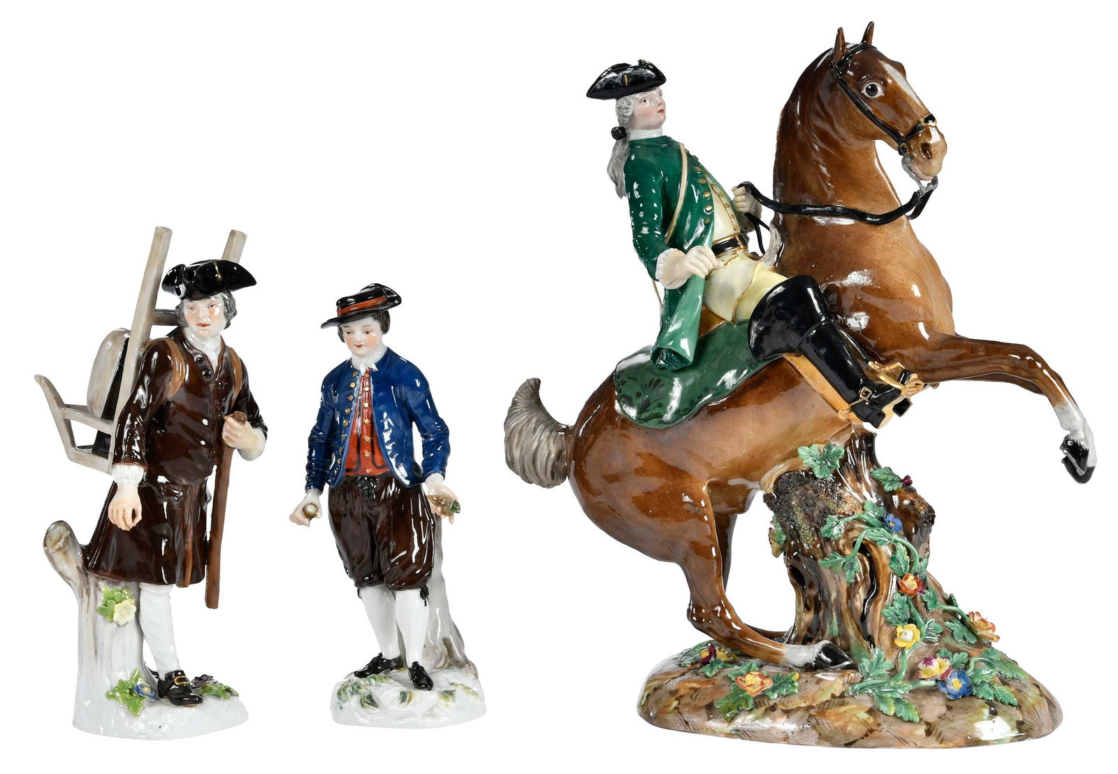 Three Meissen Porcelain Gentlemen in 19th Century Dress: German, 19th century, crossed swords marks to bases, after the models by Johann Joaquim Kaendler, comprising: "Jager zu Pferde" or "Mounted Hunter", inscribed to base "1133"; "Danisher Brauer" or "Dan