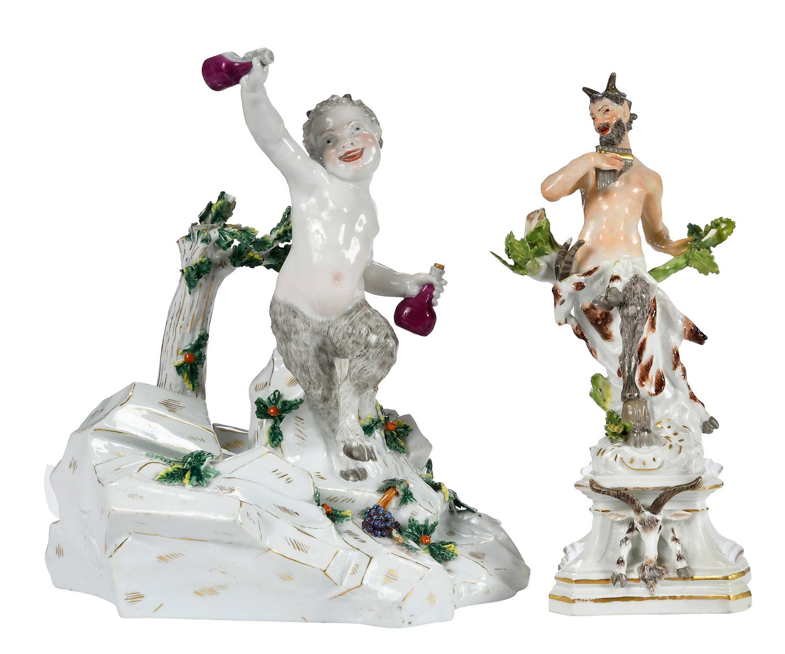 Two Meissen or Style Porcelain Satyr Figural Groups: German, late 19th/early 20th century, crossed swords marks to bases, both depicting two jubilant fauns or satyrs, one with inscribed model number "1691", the other incised "3", larger 9-1/8 x 8-1/2 x 