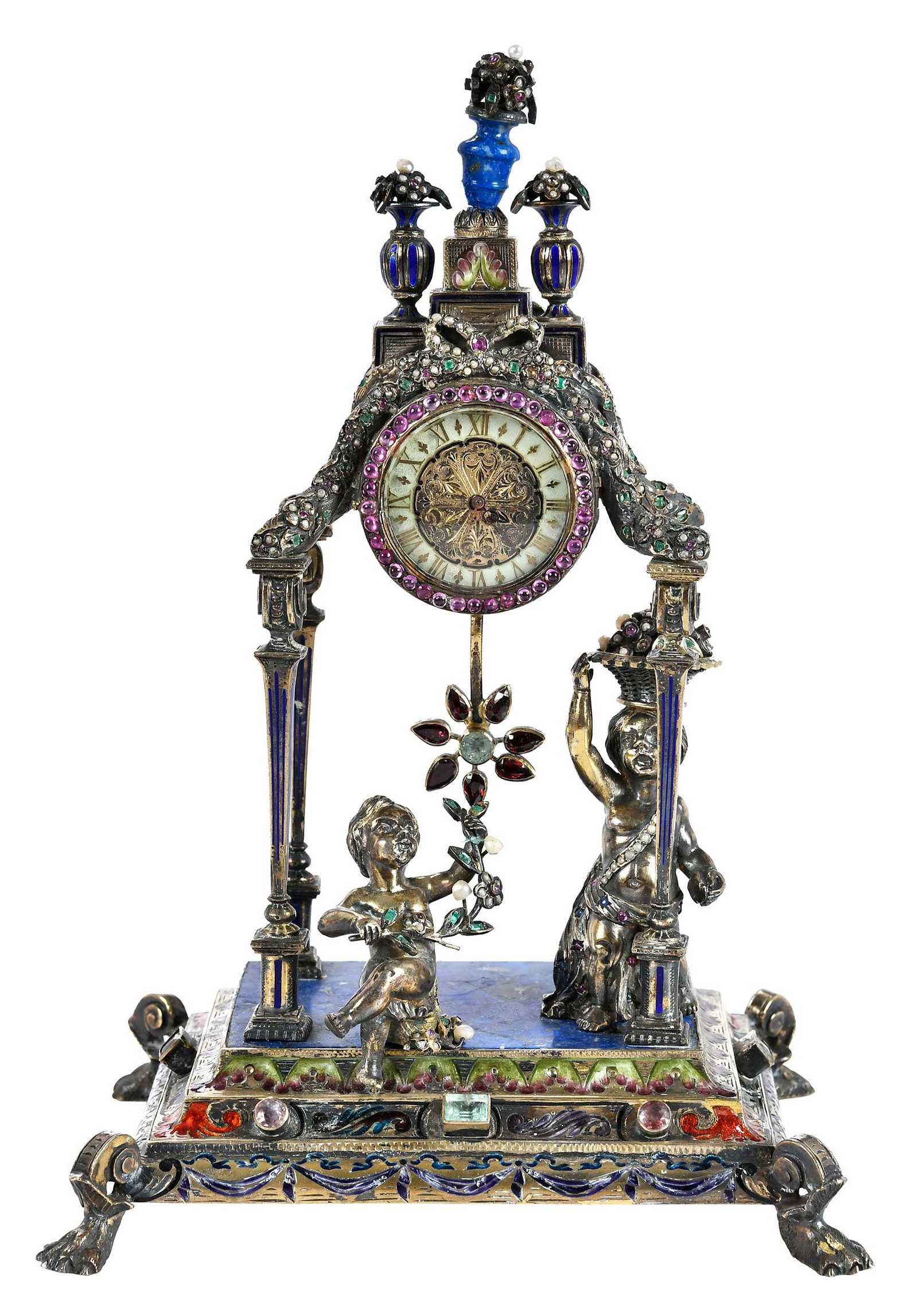 Viennese Enameled Jeweled Silver Architectural Clock (1 of 14)