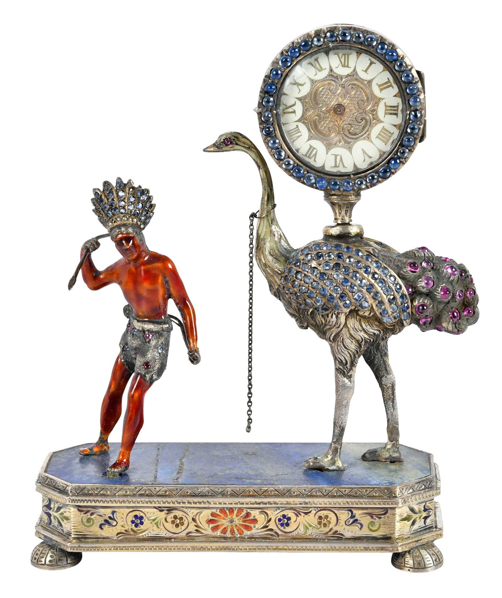 Viennese Silver Enamel and Jeweled Silver Clock: late 19th century, clock mounted on ostrich with articulate, native figure with headdress holding arrow and bow, cartouche form base with lapis floor, highlighted with blue sapphires and rubies, and