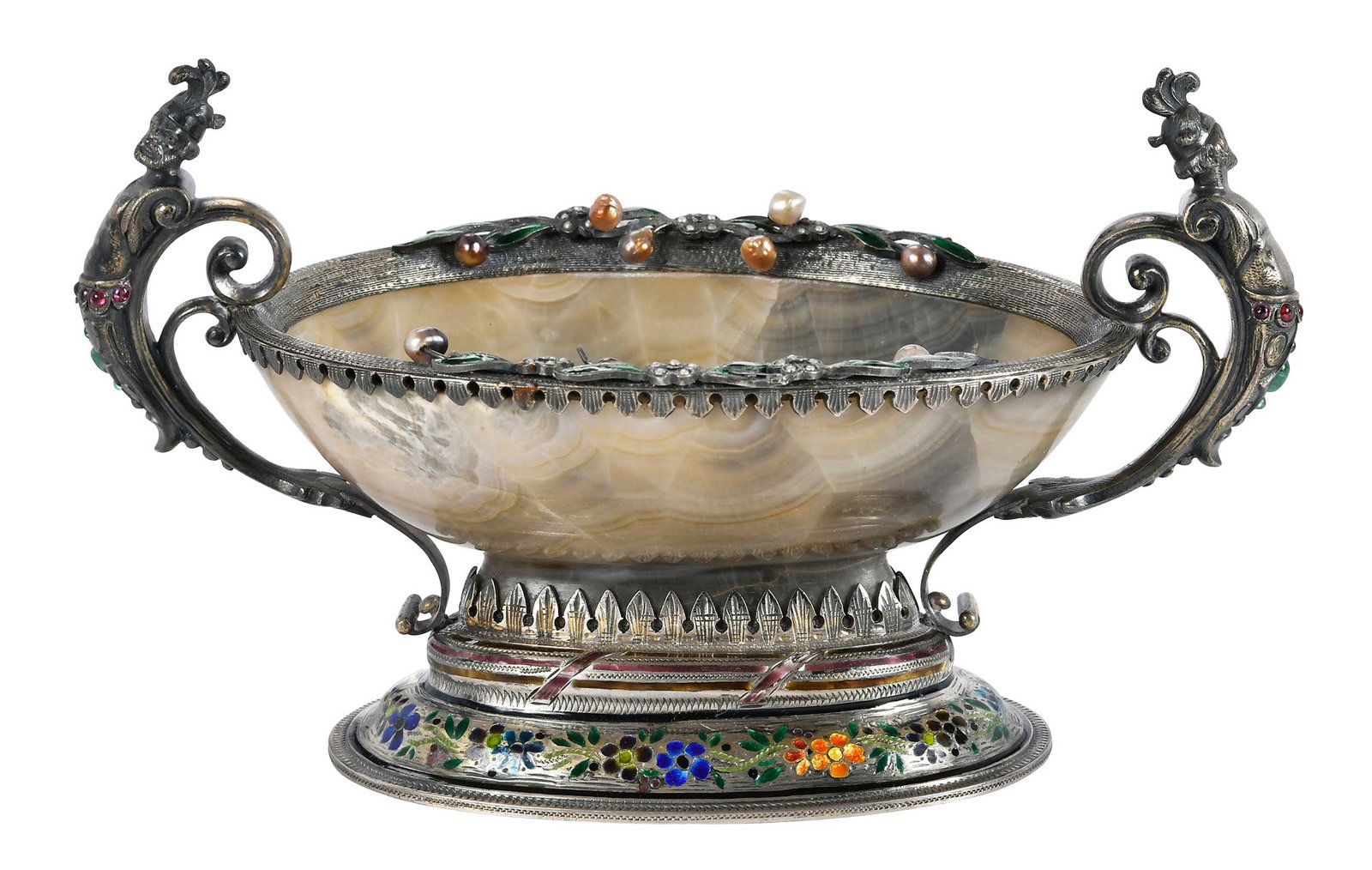 Austrian Two Handle Jeweled and Enamel Oval Agate Bowl: 19th/20th century, oval banded agate, bowl with silver mounts, figural soldier handles, conforming openwork base, enamel, emeralds, garnets, and seed pearl decoration, unmarked, probably Austrian, tes
