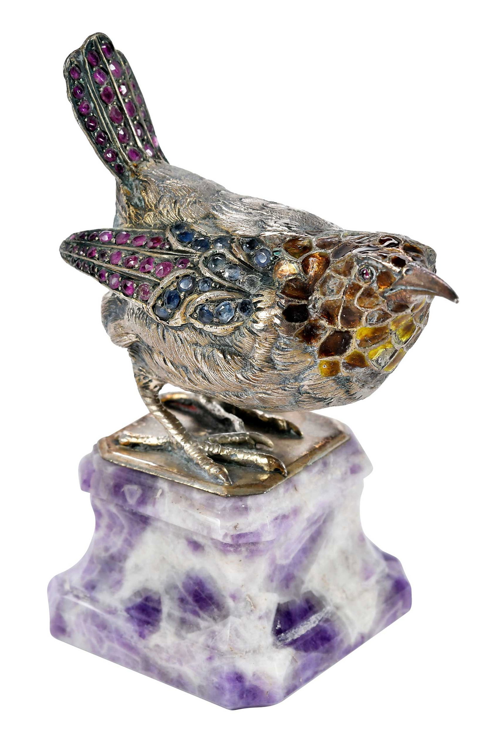 Viennese Gilt Silver Enameled Bird on Amethyst Stand: late 19th century, small bird with enamel, pink and blue sapphire accents, mounted on Amethyst base, unmarked, test .937 fine (with XRF), 3-3/4 in. Provenance: Christie's, London, May 20, 2021, part