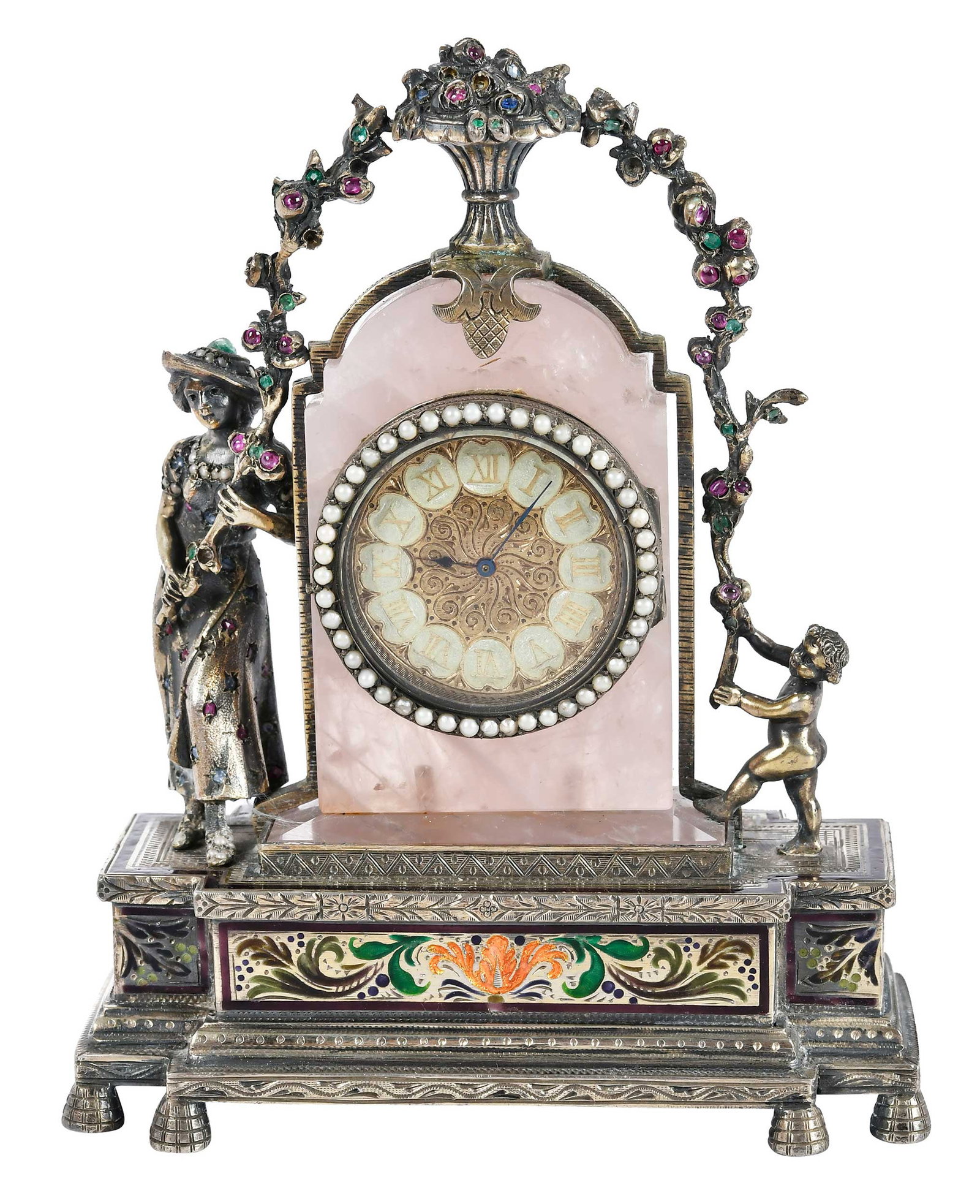 Viennese Silver Enamel Clock with Rose Quartz: Austria, late 19th century, urn finial with floral garland, central rose quartz tablet with key wind clock with key, surround by pearl, flanked by a woman and child, rectangular stepped base, enamel,