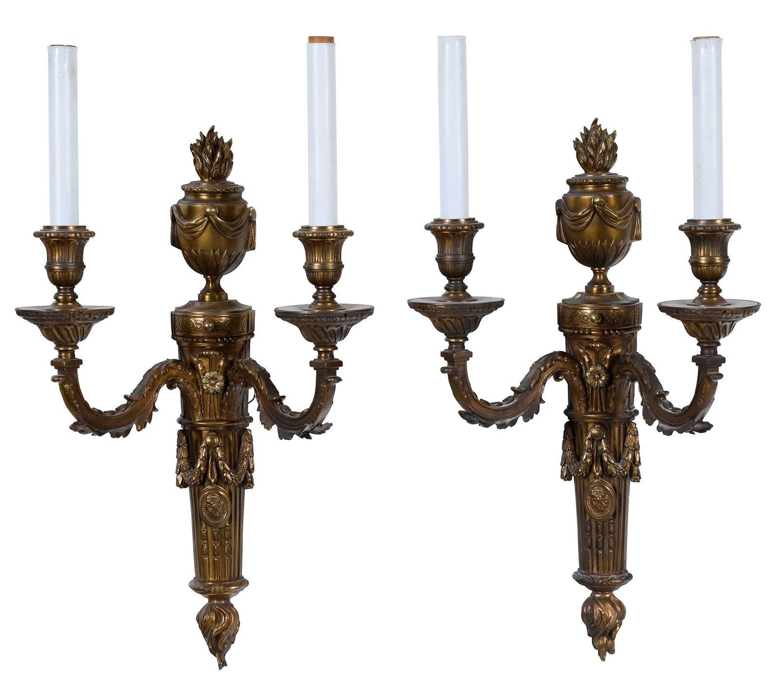 Pair of Louis XVI Style Gilt Metal Two-Light Wall Sconces (1 of 9)