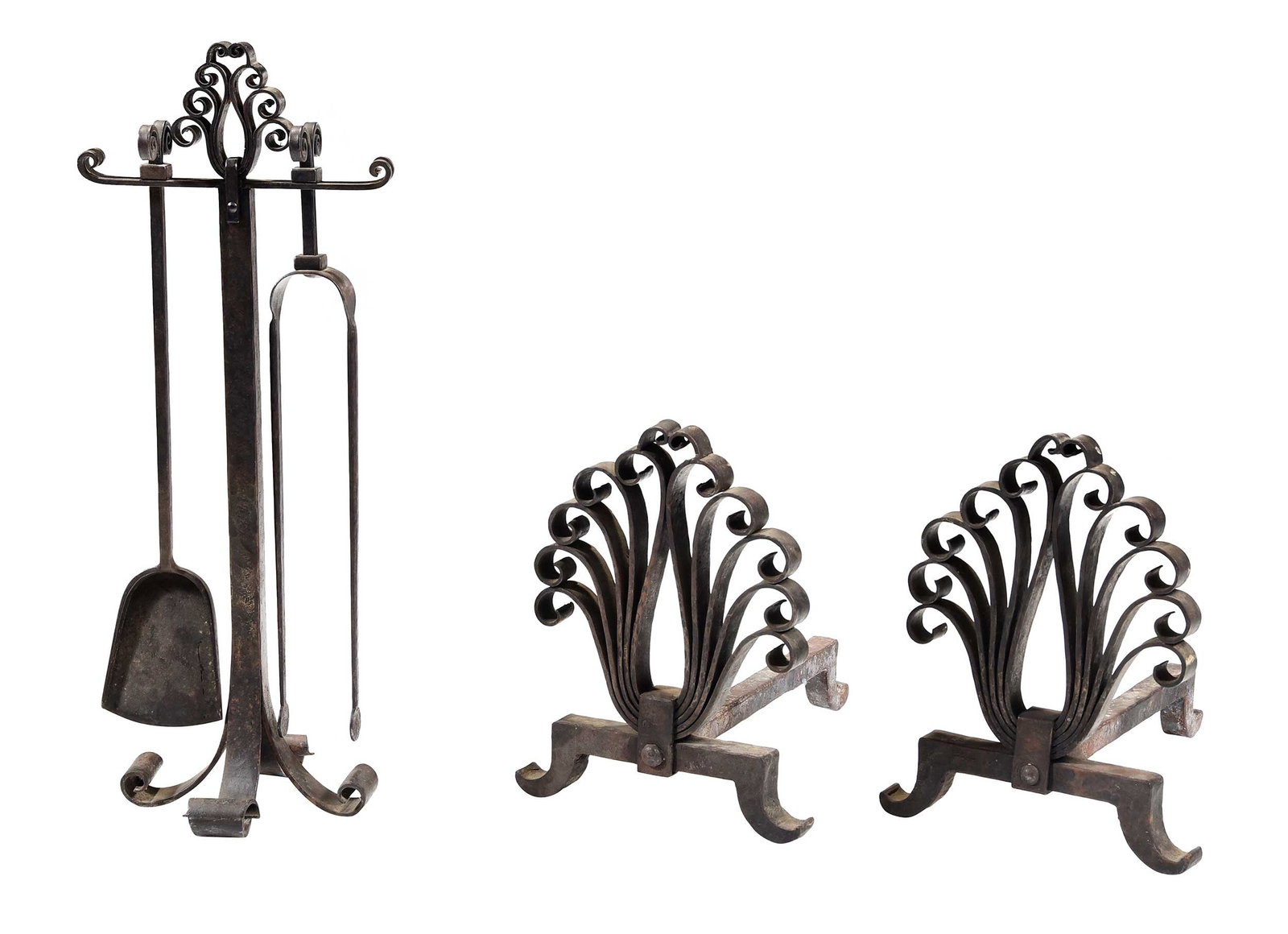 Set of Edgar Brandt Wrought Iron Andirons and Fire Tools: Edgar Brandt (French, 1880-1960), comprising the pair of stacked scroll andirons inscribed "E. BRANDT", 13 x 10-1/2 x 16-1/2 in.; matching fire tool set with shovel, tongs, and stand, the stand