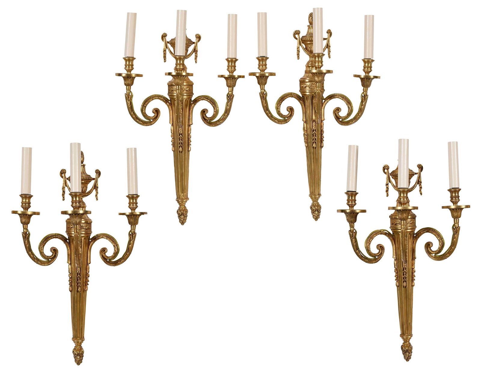 A Set of Four Louis XVI Style Gilt Metal Three-Light Wall Sconces (1 of 8)