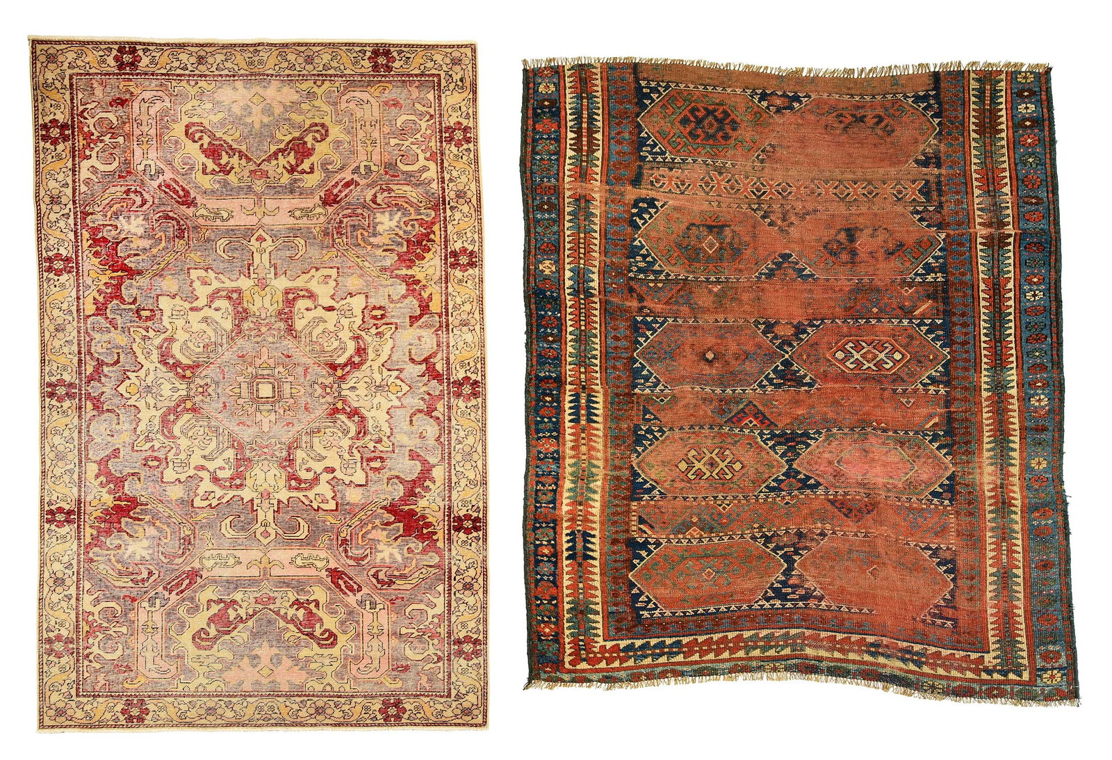 Two Kazaks, One Eagle Kazak: late 19th century, repeating rows of medallions with hooked elements, 6 ft. 3 in. x 5 ft.; mid 20th century, Eagle Kazak with diamond shaped medallion, 6 ft. 10 in. x 4 ft. 1 in. 