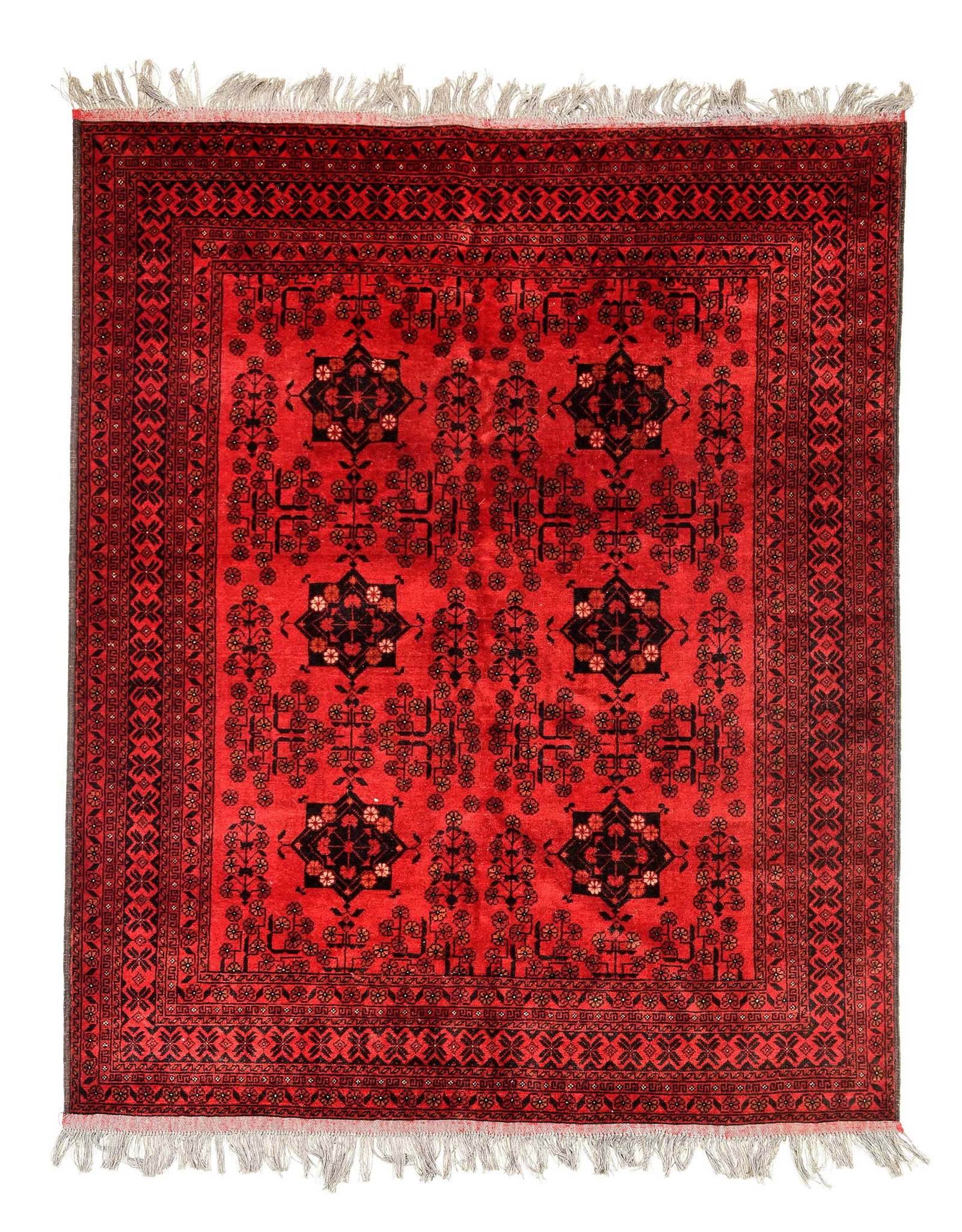 Turkmen Rug: 20th century, red field with six polygonal medallions, geometric borders, 6 ft. 5 in. x 5 ft. 1 in. Provenance: Private Asheville Collection