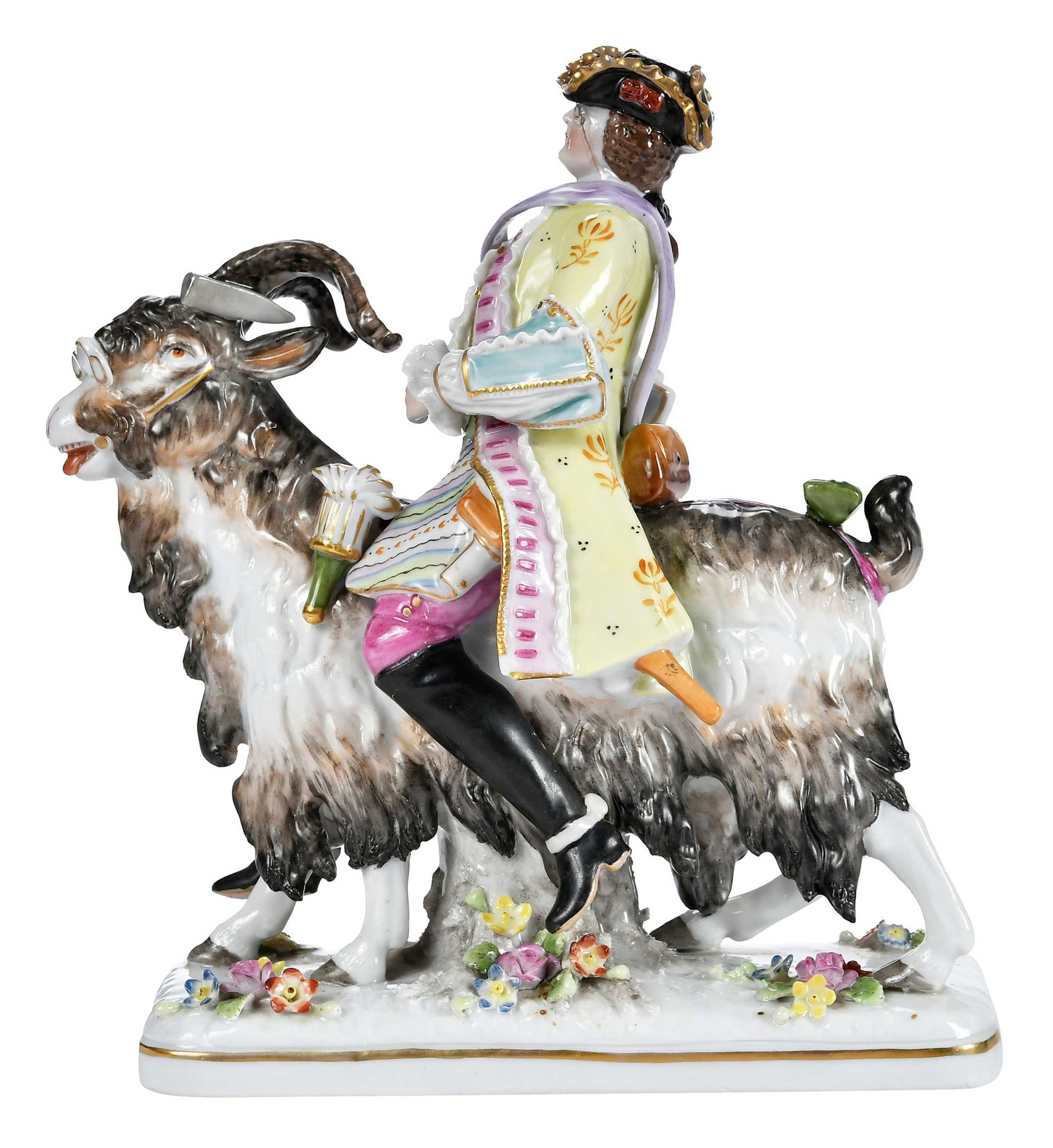 Sitzendorf Porcelain Figure, Tailor Riding Goat: German, late 19th/early 20th century, makers mark to base, 9-1/4 x 3-3/8 x 7-3/4 in. Provenance: Collection of Steve Stewart, Lake Lure, North Carolina