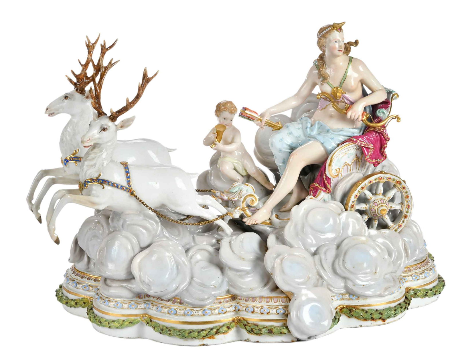 Large Meissen Porcelain Figural Group, Luna in a Chariot Pulled by Stags: German, late 19th/early 20th century, "Luna im Gottwagen" or "Luna in the Chariot of the Gods", after the model by Johann Joaquim Kaendler, crossed swords mark to base, inscribed to base "14", 12 x