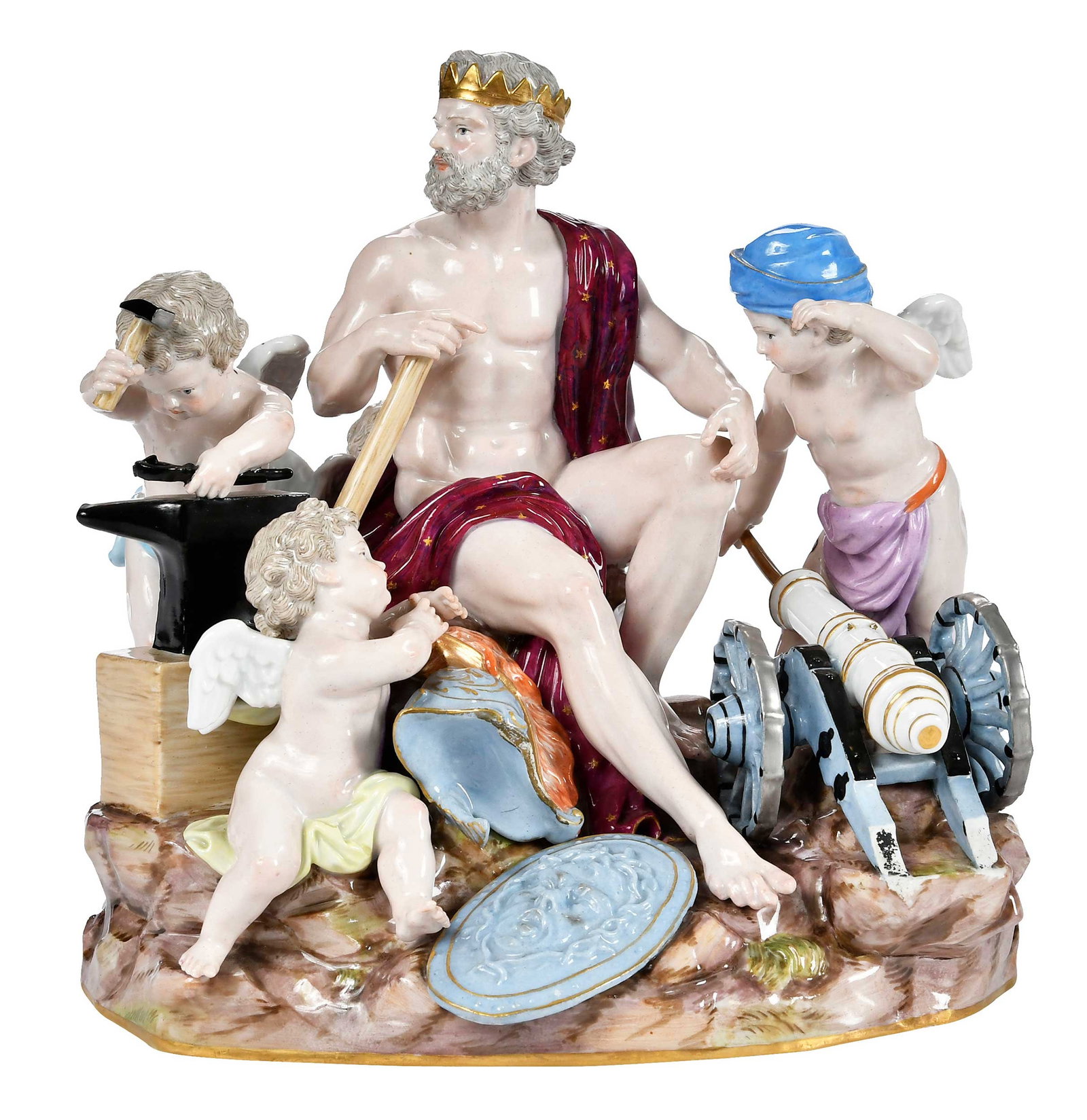 Meissen Porcelain Figural Group, Forge of Vulcan: German, late 19th/early 20th century, "Allegorie-Das Feuer" or "Allegory-Fire", after the model by Michel Victor Acier, crossed swords mark to base, inscribed to base "D80", 9-1/8 x 9 x 7 in.