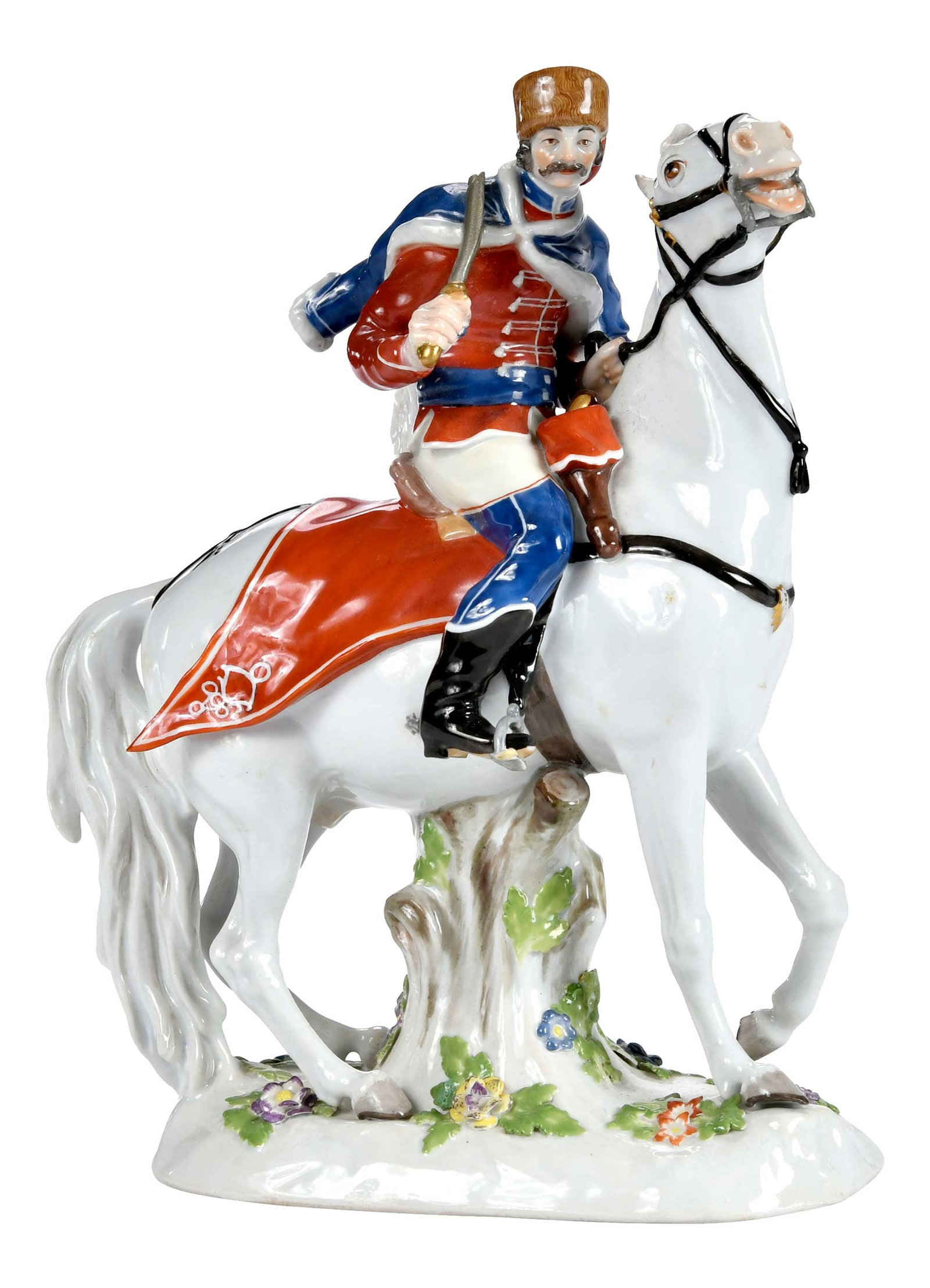 Meissen Porcelain Hussar on Horseback: German, late 19th/20th century, Husar zu Pferde, underglaze blue crossed swords and "1132" marked to base, 10-1/2 x 8 x 4-1/4 in. Provenance: Collection of Steve Stewart, Lake Lure, North Carolina