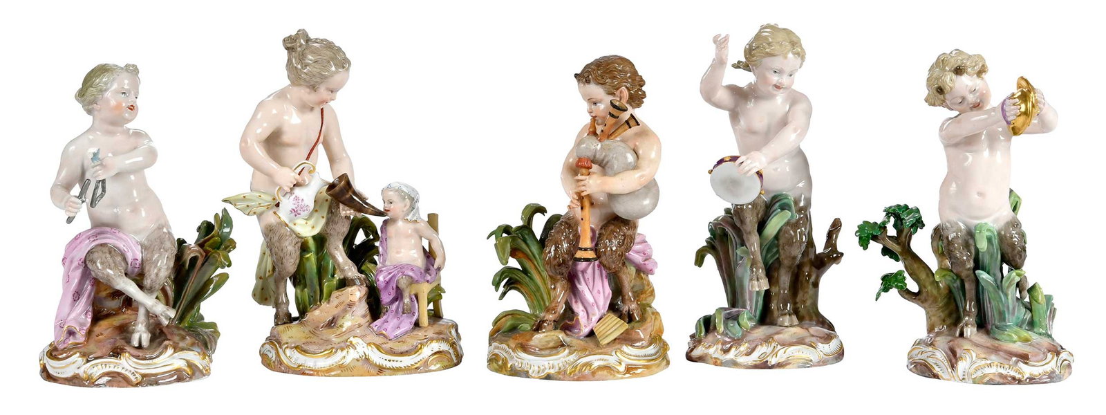 Four Meissen Porcelain Satyr Figural Scenes: German, late 19th/20th Century, each with crossed swords marked to base, comprising: Satyr madchen, numbered "D 47"; Satyr mit Eecken, numbered "d50"; Satrykind mit Dudelsack, numbered "D46"; Satry