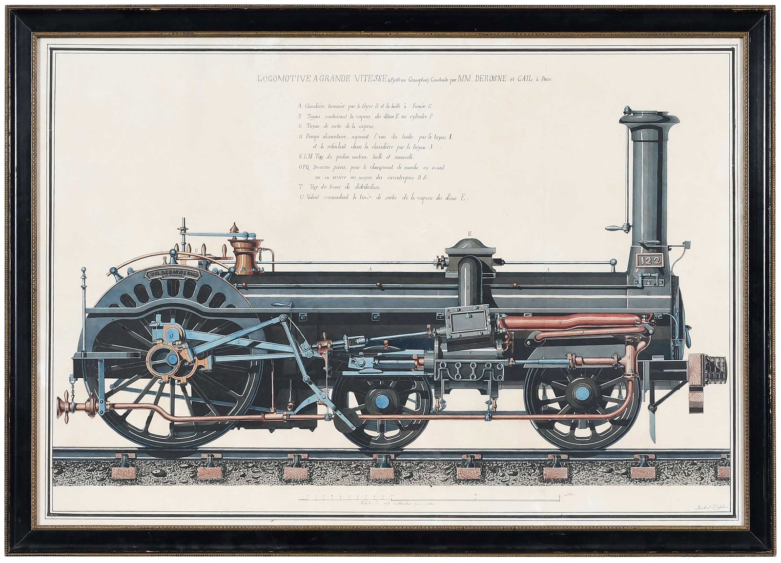 Rare Illustration of Crampton French Steam Locomotive No. 122: (French, 19th century) Locomotive A Grande Vitesse (Systeme Crampton) Construile par MM. Derosne et Cail a Parts, signed lower right "Imbert Delphin", titled at top with key, scaled along bottom edge,