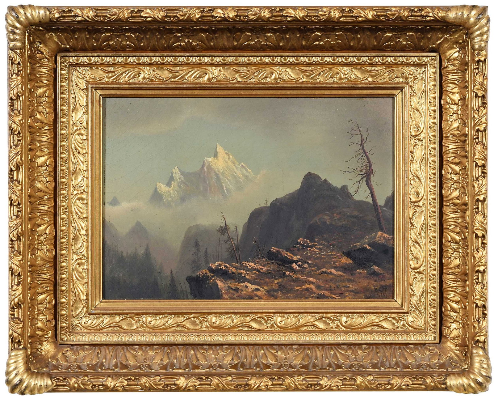 American or German School Landscape: (19th century) Distant View of the Alps, 1887, signed and dated lower right "EOM 1887", oil on artist board, 9-1/2 x 13-1/2 in.; fine gilt wood and composition frame, 17 x 21 x 3-3/8 in. Provenance: