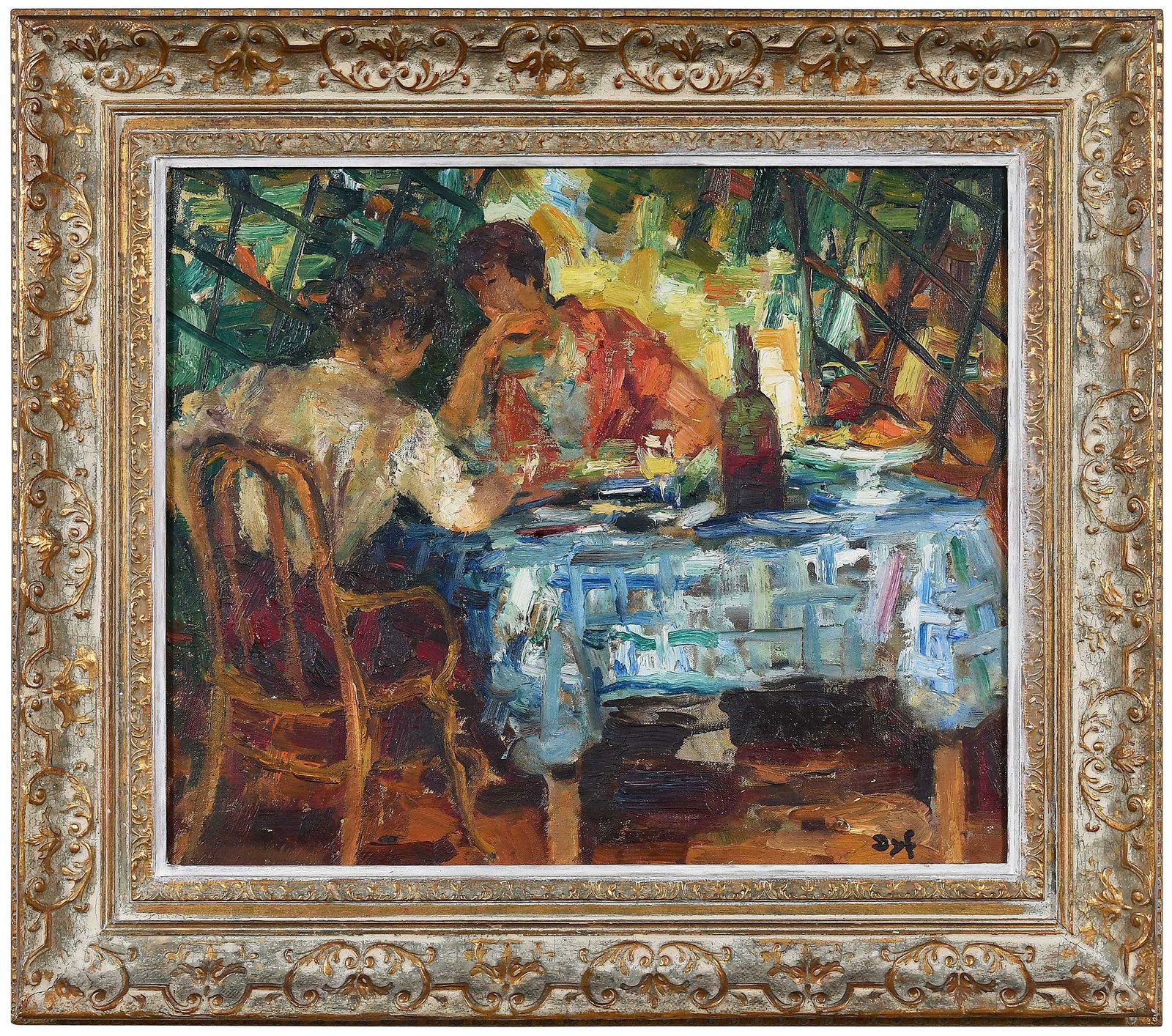 Marcel Dyf: (French, 1899-1985) Dejeuner sous Pergola, signed lower right "Dyf", oil on canvas, 18 x 20-3/8 in.; original gilt wood and composition frame, 24-7/8 x 28-1/4 x 2-7/8 in.; Provenance: Private Gainesvi