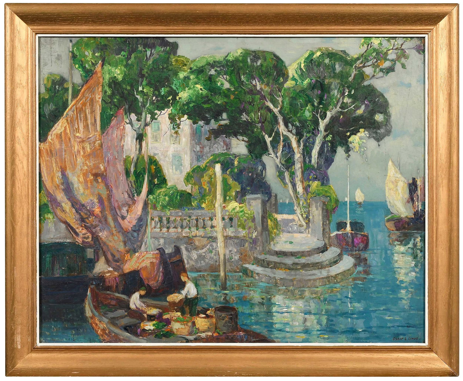 Ossip Linde: (Connecticut/France/Illinois/Russian, 1871-1940) View of Venice, signed lower right "Ossip L. Linde", oil on canvas, with colourman stamp "Lucien Lefebvre Foinet/Paris", 25-5/8 x 32 in.; painted wood