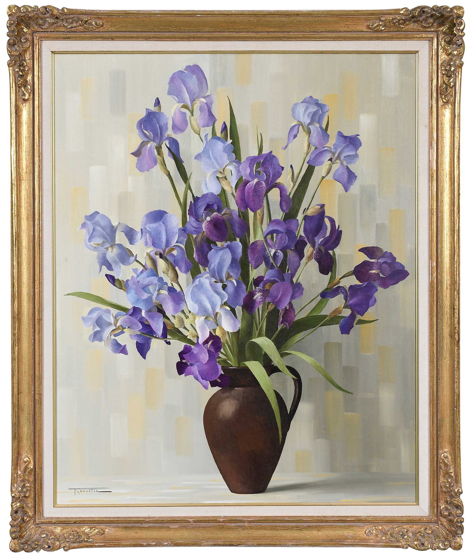 Elizabeth Rouviere: (French/America, 1908-1994) Purple Irises, signed lower left "Rouviere", oil on canvas, 36 x 29 in.; gilt wood and composition frame, 42-1/4 x 35-1/4 x 2-3/4 in. Provenance: Private Collection,