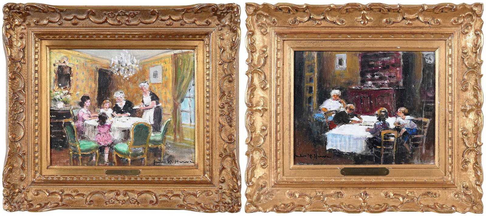 Jules Rene Herve: (French, 1887-1981) Le Bon Quatre Heure, signed lower right and verso "Jules-Rene Herve", titled on label verso, oil on canvas, 8-5/8 x 11-3/4 in.; Les Enfants a Table, signed lower left and verso