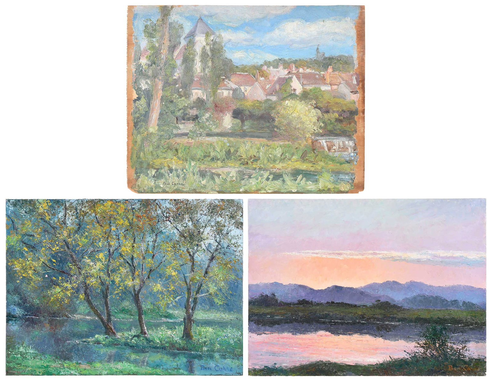 Ben Carre, Three Landscape Paintings: (French/America, 1883-1978) Mountain Sunset, signed lower right "Ben Carre", oil on canvas board; In the Forest, signed lower right "Ben Carre", oil on canvas board; Town Scene, signed lower left
