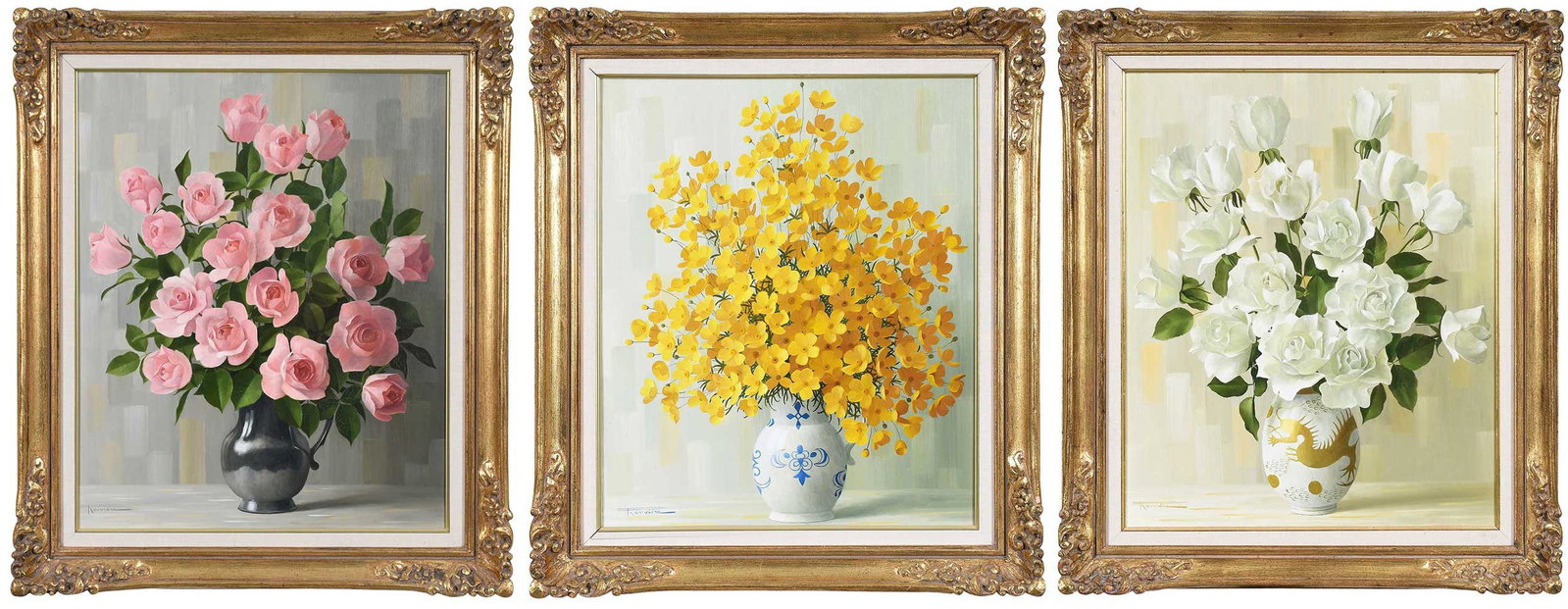 Three Elizabeth Rouviere Paintings: (French/America, 1908-1994) each signed lower left "Rouviere", oil on canvas: Pink Roses, 26 x 21 in.; White Roses, 26 x 21 in.; Yellow Poppies, 24 x 20 in.; matching gilt wood and composition