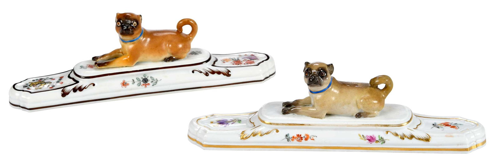 Two Meissen Porcelain Paperweights with Pugs: German, late 19th/early 20th century, each with underglaze blue crossed swords, one with four strikes denoting faulty ware, one incised "1645", each approx. 2-1/4 x 7-1/2 x 1-1/4 in. Provenance: