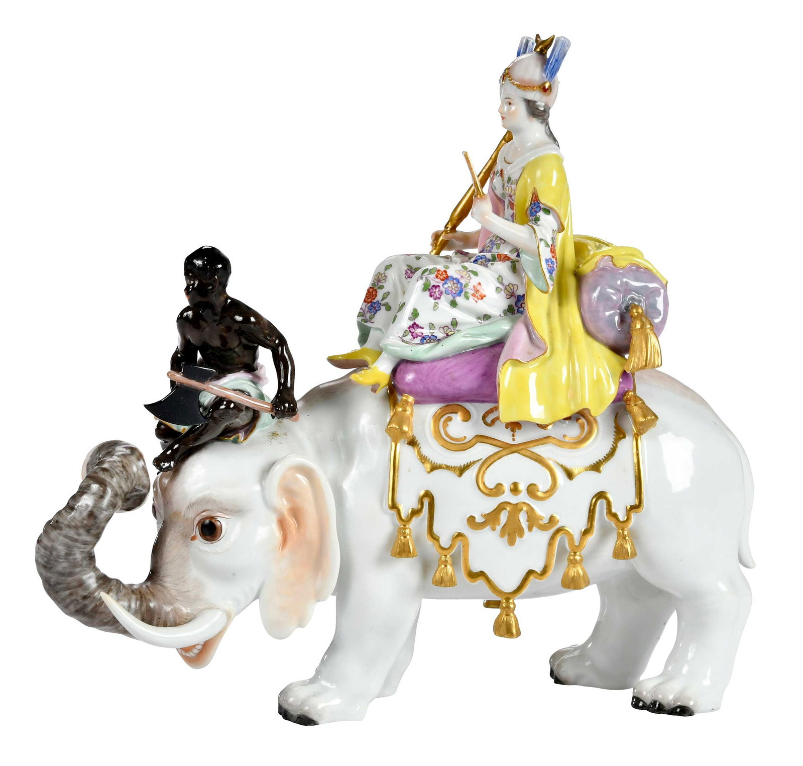 Large Meissen Porcelain Figural Elephant Group: German, late 19th/early 20th century, Perser auf Elefant mit Mohr, crossed swords and "1165" marked to base, 10 1-4 x 11 1-4 x 4 in. Provenance: Collection of Steve Stewart, Lake Lure, North Carolina
