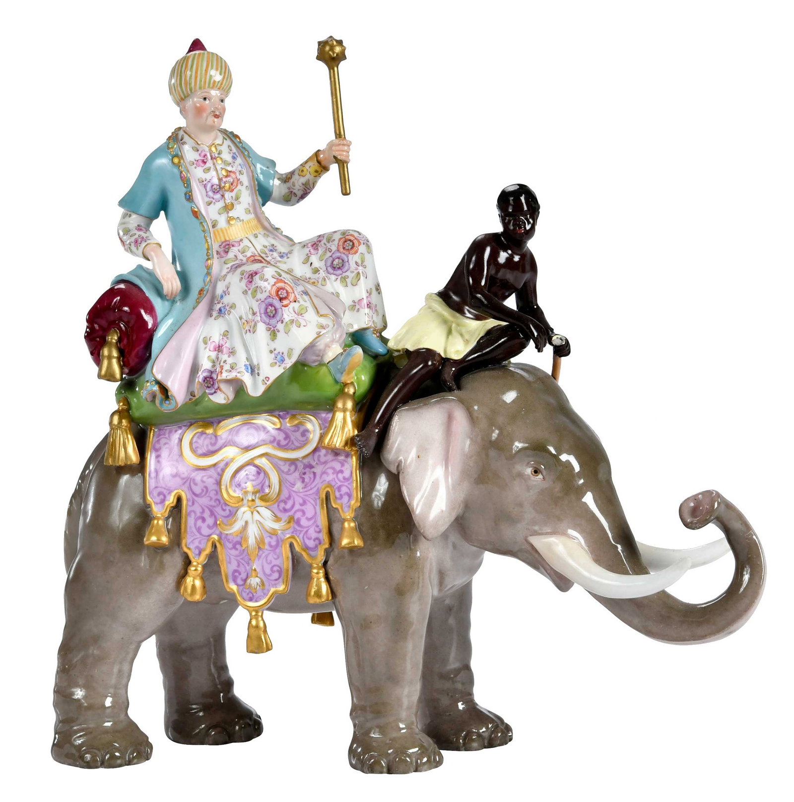 Large Meissen Porcelain Figural Elephant Group: German, late 19th/early 20th century, Perser auf Elefant mit Mohr, crossed swords and "1165" marked to base, 10 3-4 x 10 3-4 x 3 in Provenance: Collection of Steve Stewart, Lake Lure, North Carolina