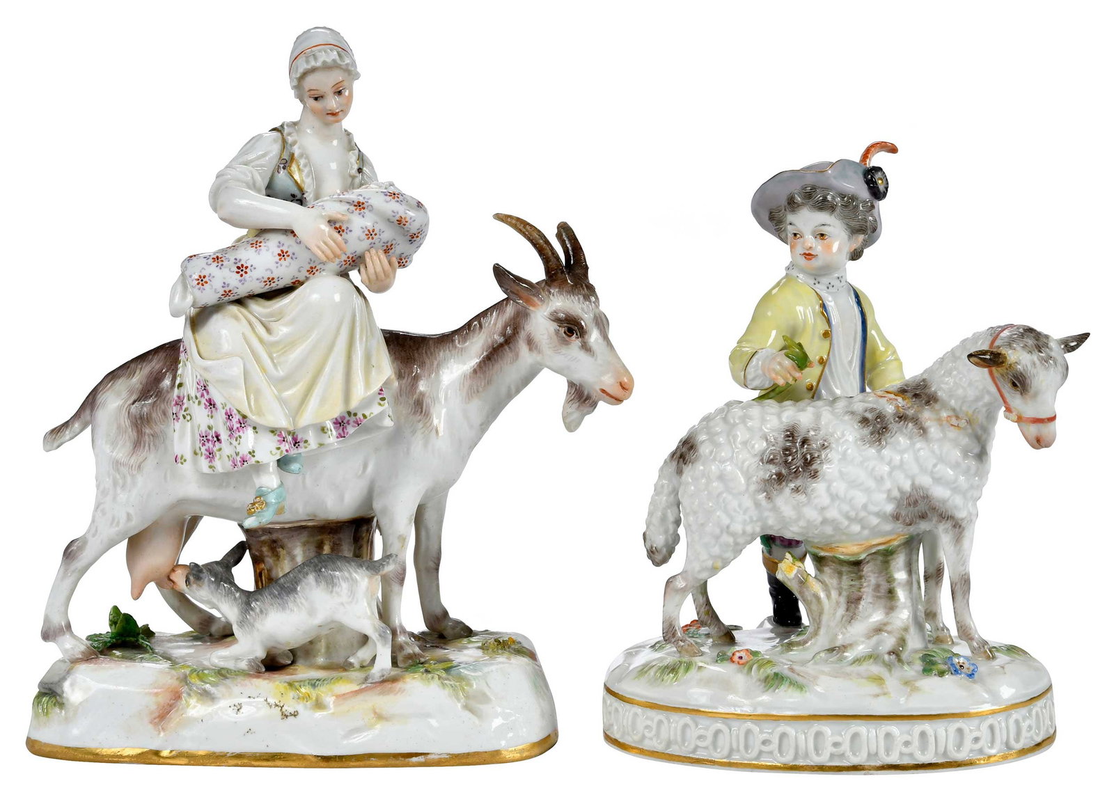 Two Meissen Porcelain Animal and Figural Groups: German, late 19th/early 20th century, crossed swords marks to bases, comprising: "Scheidersfrau auf Ziege" or "Tailor's Wife on Goat", after the model by Johann Friedrich Eberlein, inscribed to base