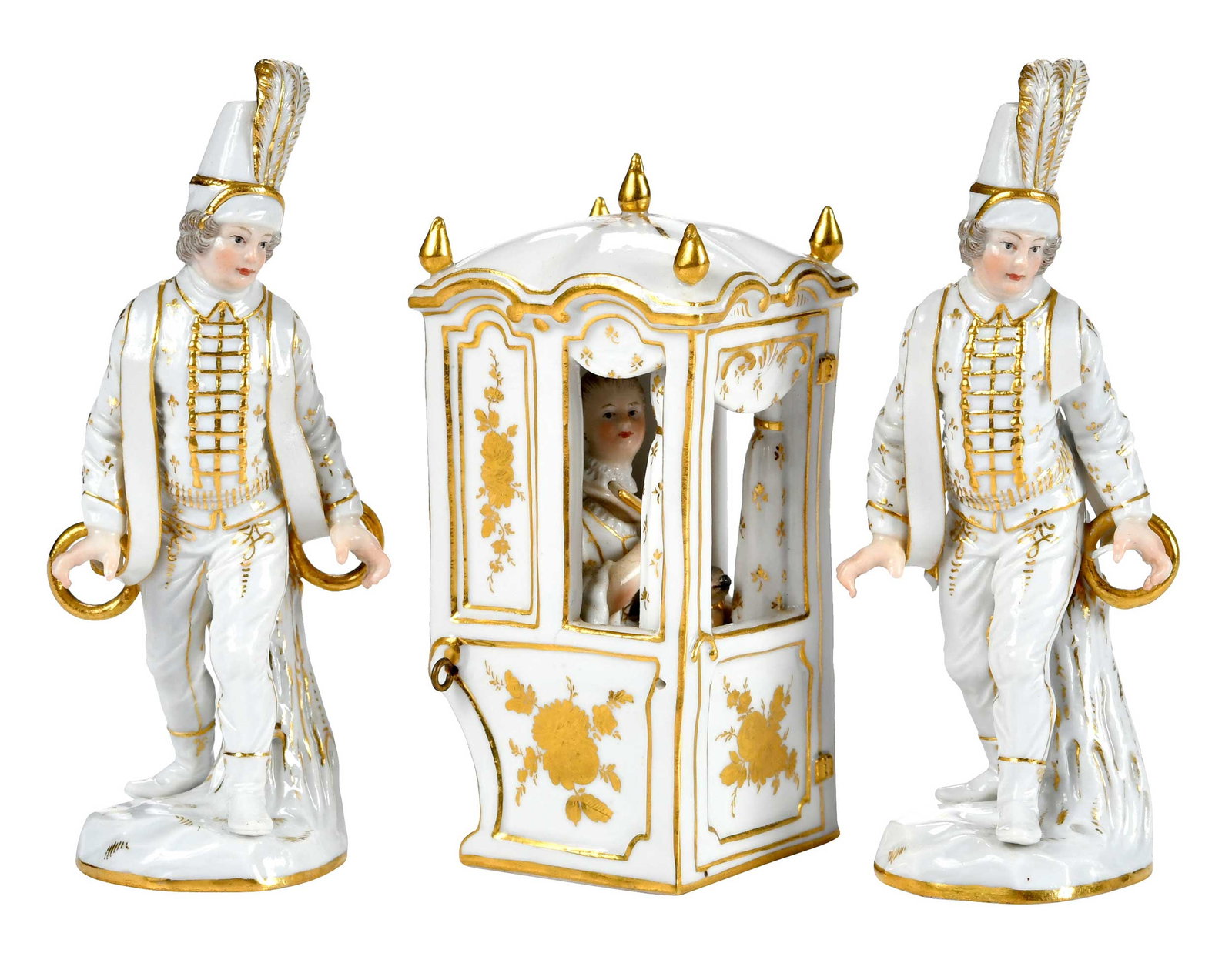 Three Piece Meissen Porcelain Palanquin Group, Shirley Temple Provenance: German, late 19th/early 20th century, "Sanfte" and two "Sanftentrager" or "Palanquin" and two "Palanquin Bearers", crossed swords mark to bases, numbered "2243" and "2163" respectively to bases,
