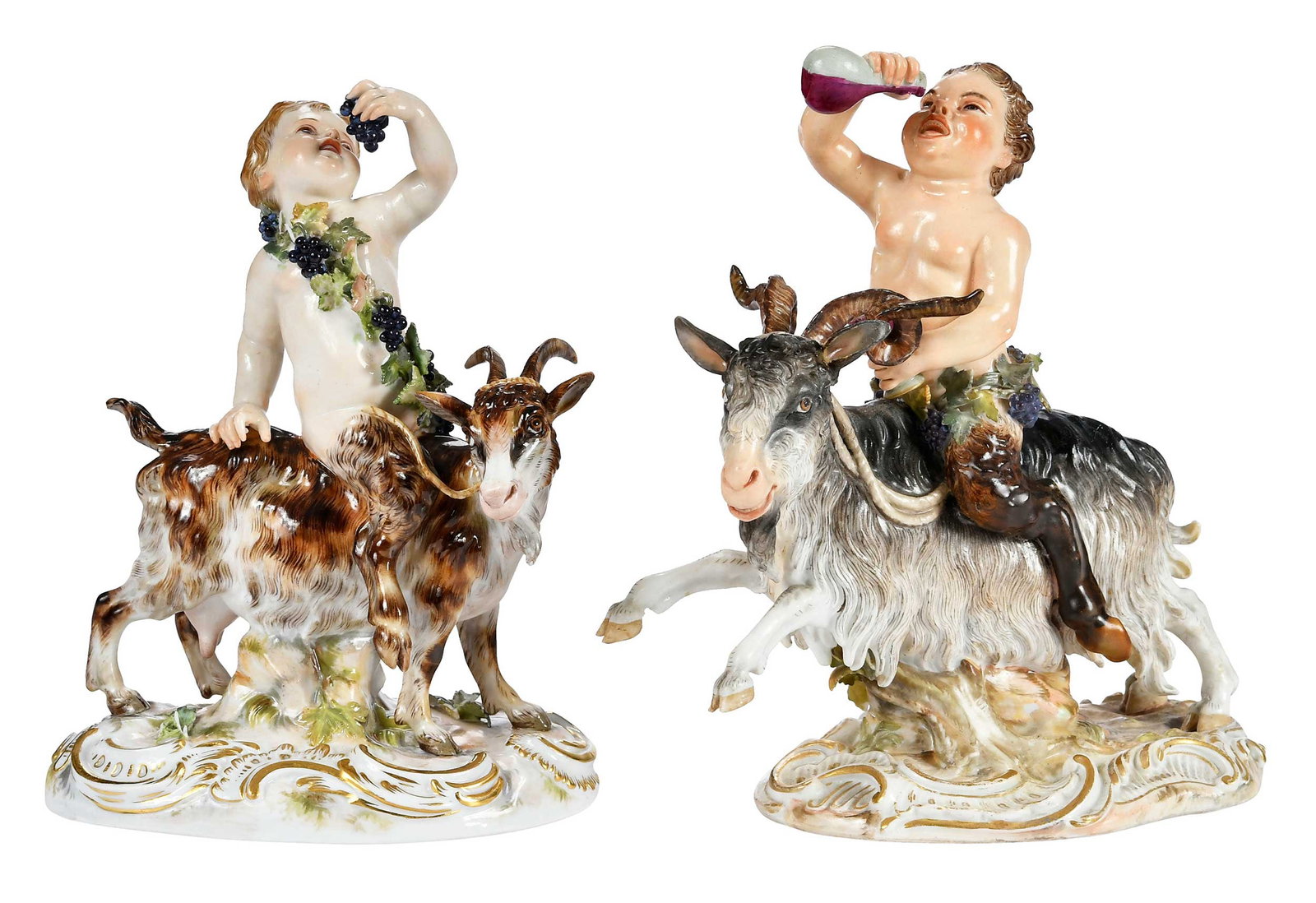 Two Meissen Porcelain Satyr and Goat Figural Groups: German, late 19th/early 20th century, two "Satyrgruppe" figural scenes of satyrs riding goats, crossed sword marks to bases, one drinking wine numbered "D44", the other eating grapes numbered "D45",