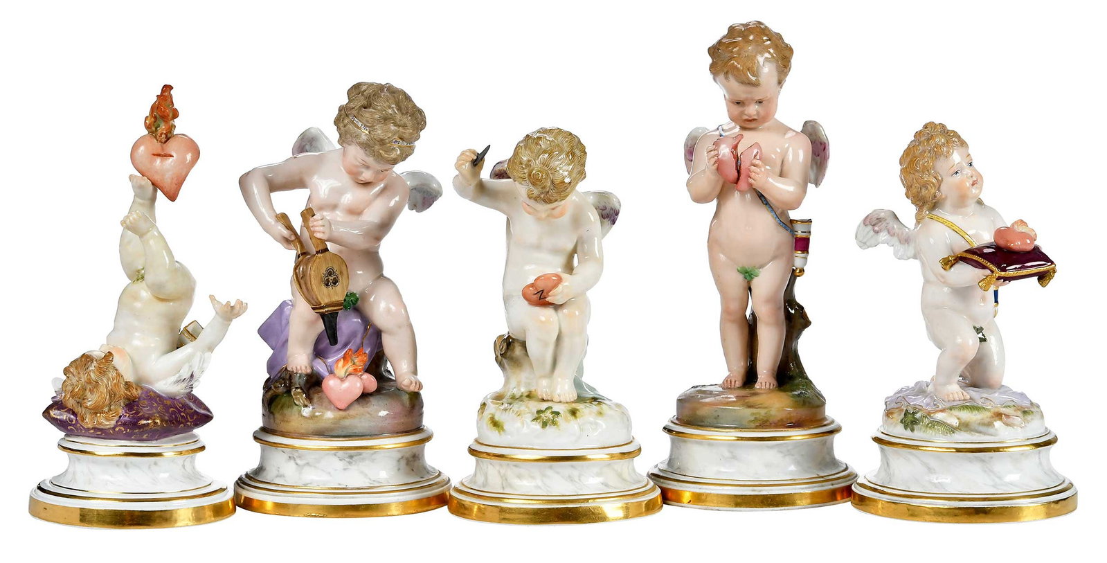 Five Meissen Porcelain Figurines, Cupids with Hearts (1 of 15)