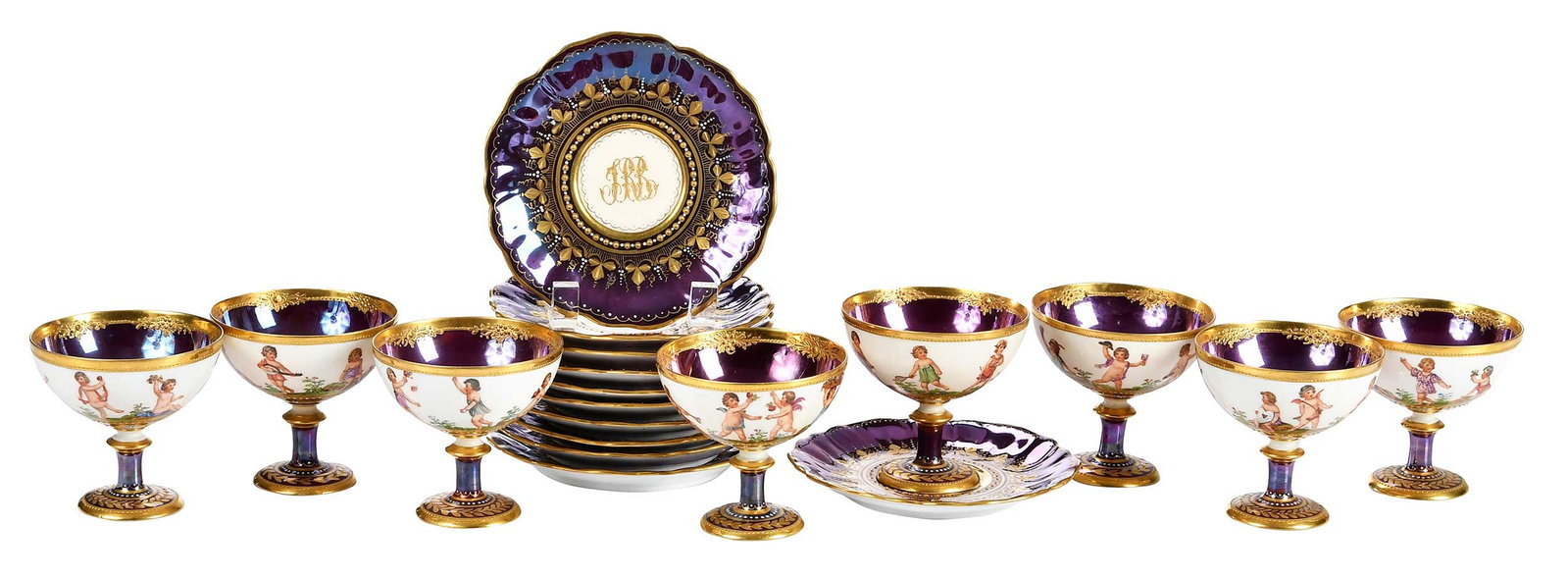 Eight Richard Wehsener Dresden Porcelain Footed Sherbets with 11 Saucers: German, late 19th/early 20th century, each with "W/Dresden" marks to bases and iridescent violet ground, comprising: footed sherbets, 3-1/8 x 3-3/8 x 3-3/8 in.; saucers with monogram "IKK (?)", 3/4 x