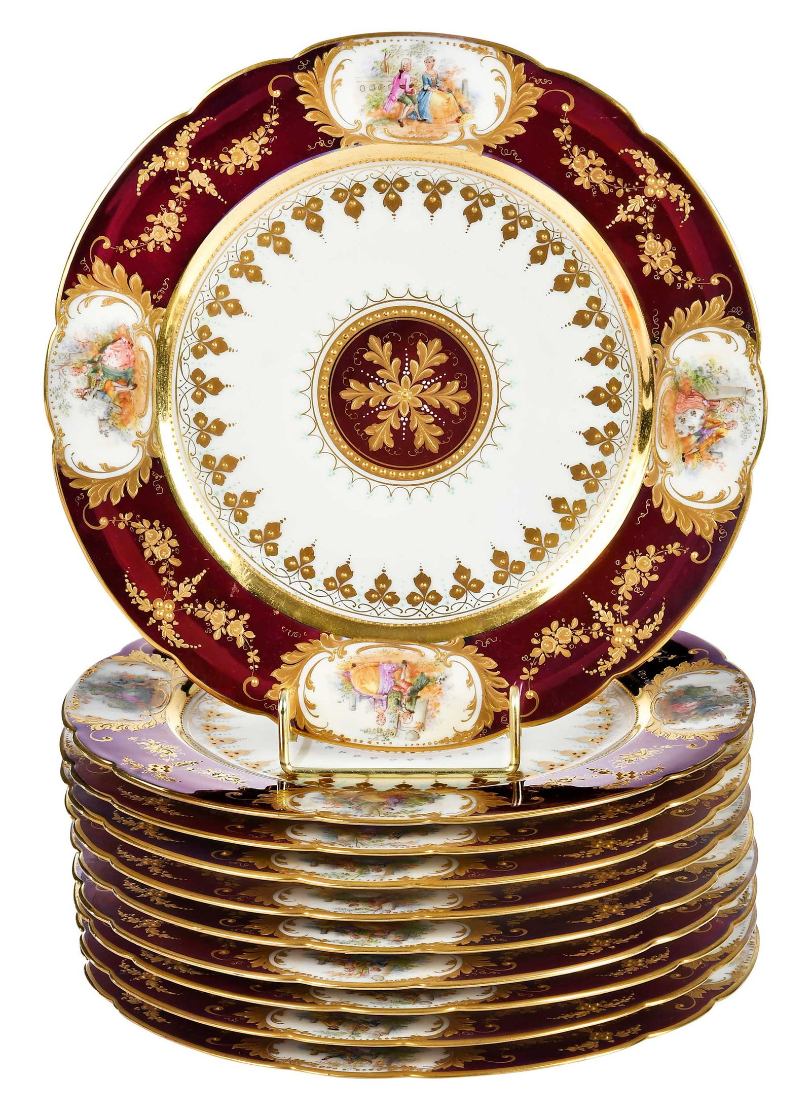 Ten Richard Wehsener Dresden Porcelain Cabinet Plates: German, late 19th/early 20th century, "W/Dresden" marked to bases, enamel and gilt decoration over iridescent violet ground, 1 x 10-1/8 x 10-1/8 in. Provenance: Private Collection, New York City
