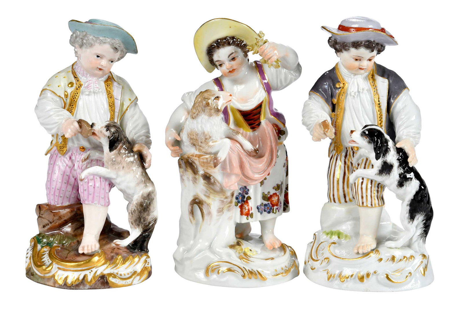 Three Meissen Porcelain Animal and Figural Scenes: German, late 19th/early 20th century, each with crossed swords and "F 20" to base, after the models by Michel Victor Acier, largest 4-1/2 x 2-3/8 x 2-1/4 in. Provenance: Collection of Steve Stewart, L
